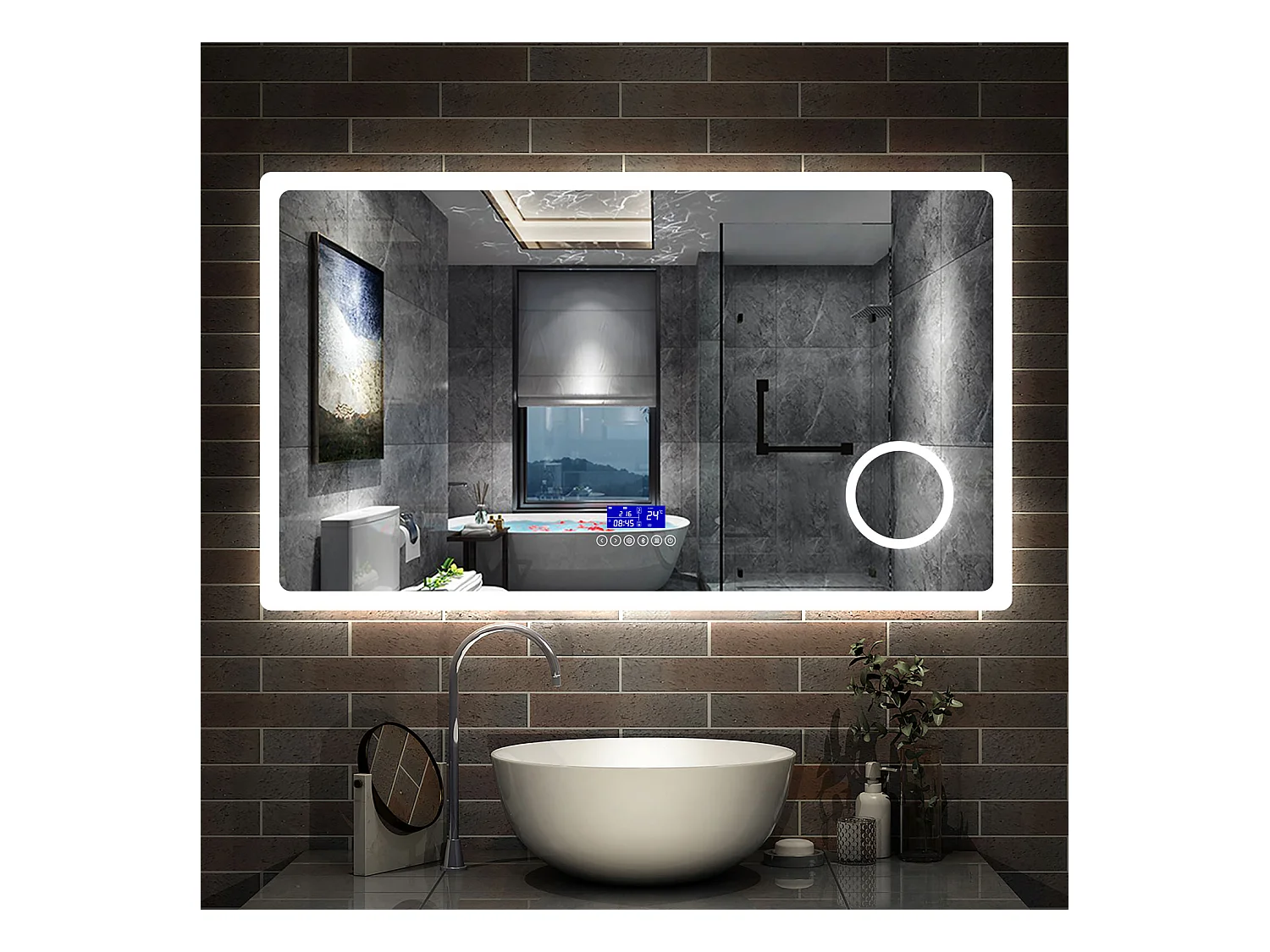 AICA Miroir de salle de bain LED Bluetooth, 120x70cm Anti-Buée, 3x Loupe, 3 couleurs de lumière, Dimmable