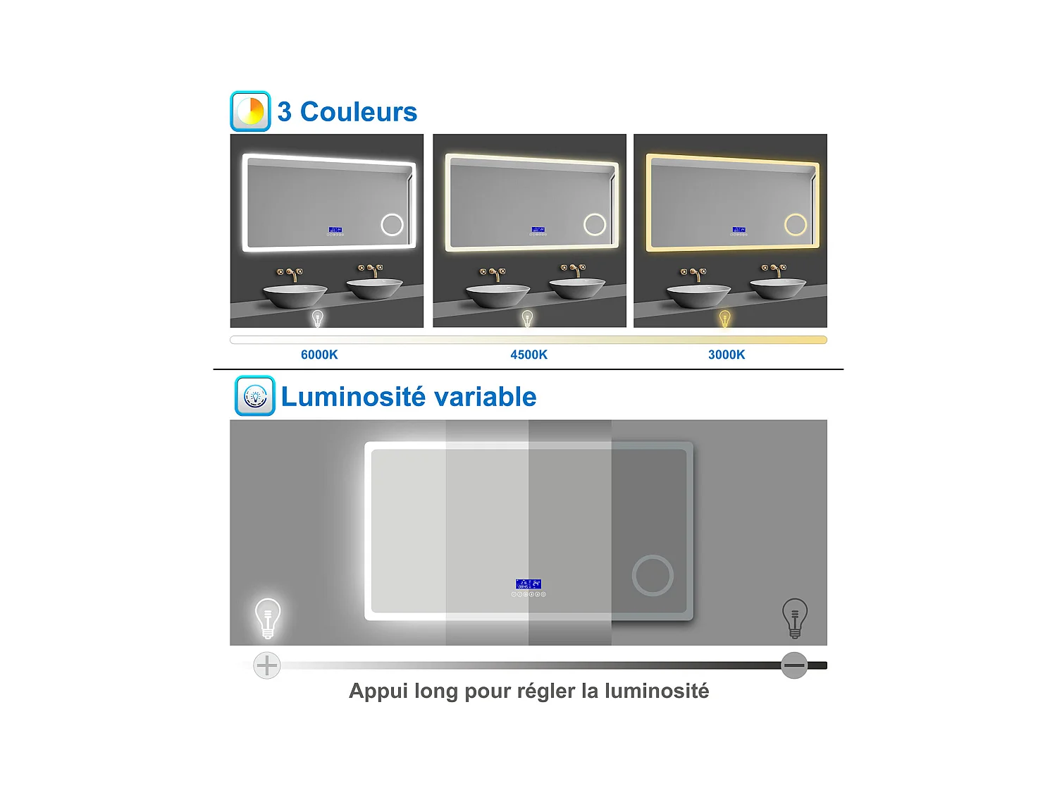 AICA Miroir de salle de bain LED Bluetooth, 120x70cm Anti-Buée, 3x Loupe, 3 couleurs de lumière, Dimmable