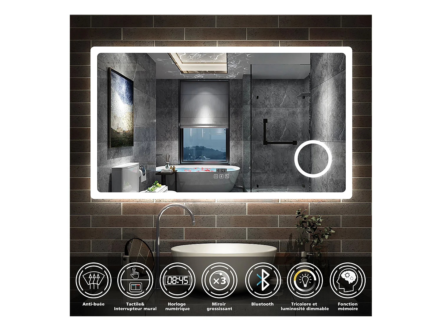 AICA Miroir salle de bain Bluetooth 140x80cm + 3x Loupe + Horloge + Tricolore + Anti-Buée Dimmable,Mémoire,tactile,LED