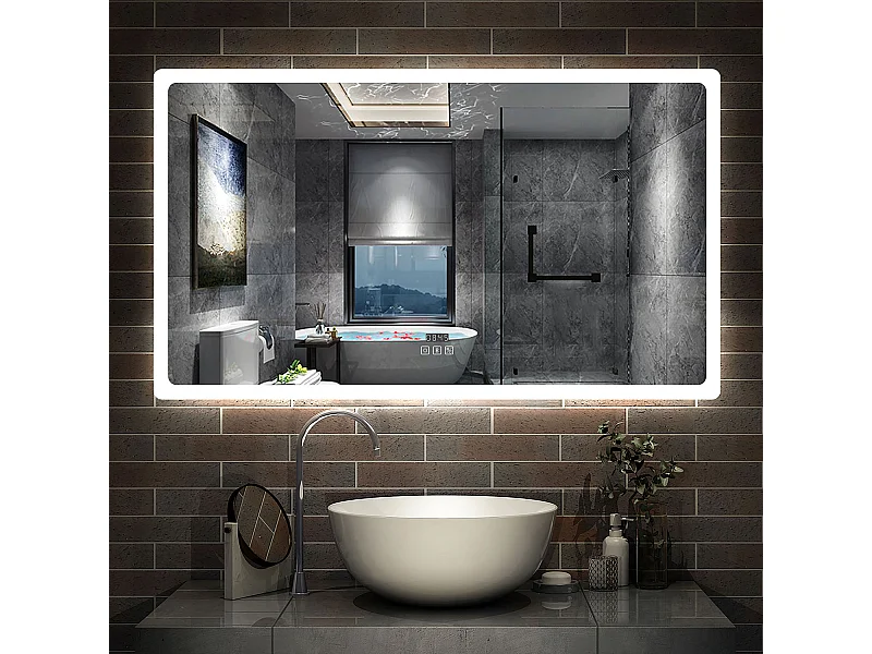 AICA Miroir Bluetooth 160x80 cm, Tricolore + Horloge + Mémoire + Dimmable + Anti-Buée, miroir LED étanche CE IP44