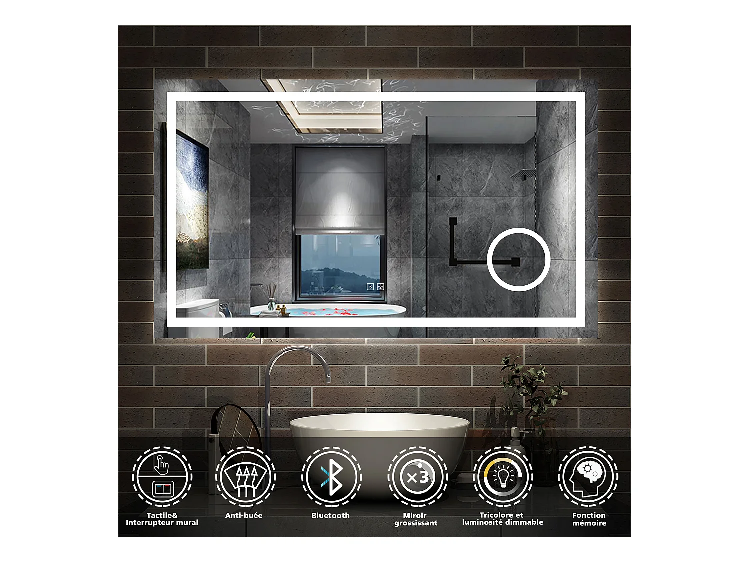 AICA Miroir de salle de bain Bluetooth 140x80 cm, LED Tricolore + 3x Loupe + Mémoire + Dimmable + Anti-Buée, CE IP44