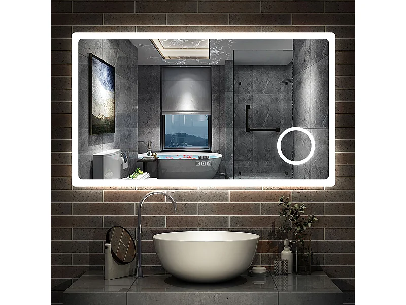 AICA Miroir salle de bain Bluetooth 120x70cm + 3x Loupe + Horloge + Tricolore + Anti-Buée Dimmable,Mémoire,tactile,LED