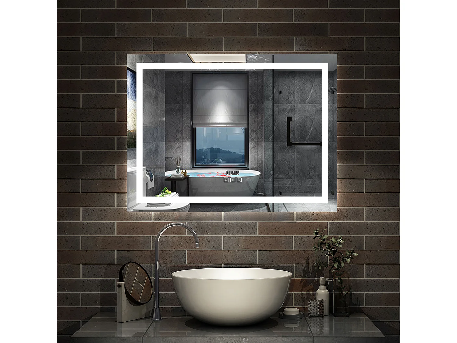AICA Miroir de salle de bain LED Bluetooth 80x60 cm, Tricolore + Horloge + Dimmable + Mémoire + Anti-Buée
