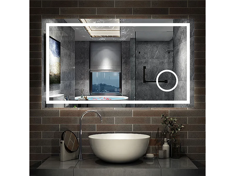AICA Miroir de salle de bain Bluetooth 160x80 cm, LED Tricolore + 3x Loupe + Mémoire + Dimmable + Anti-Buée, CE IP44