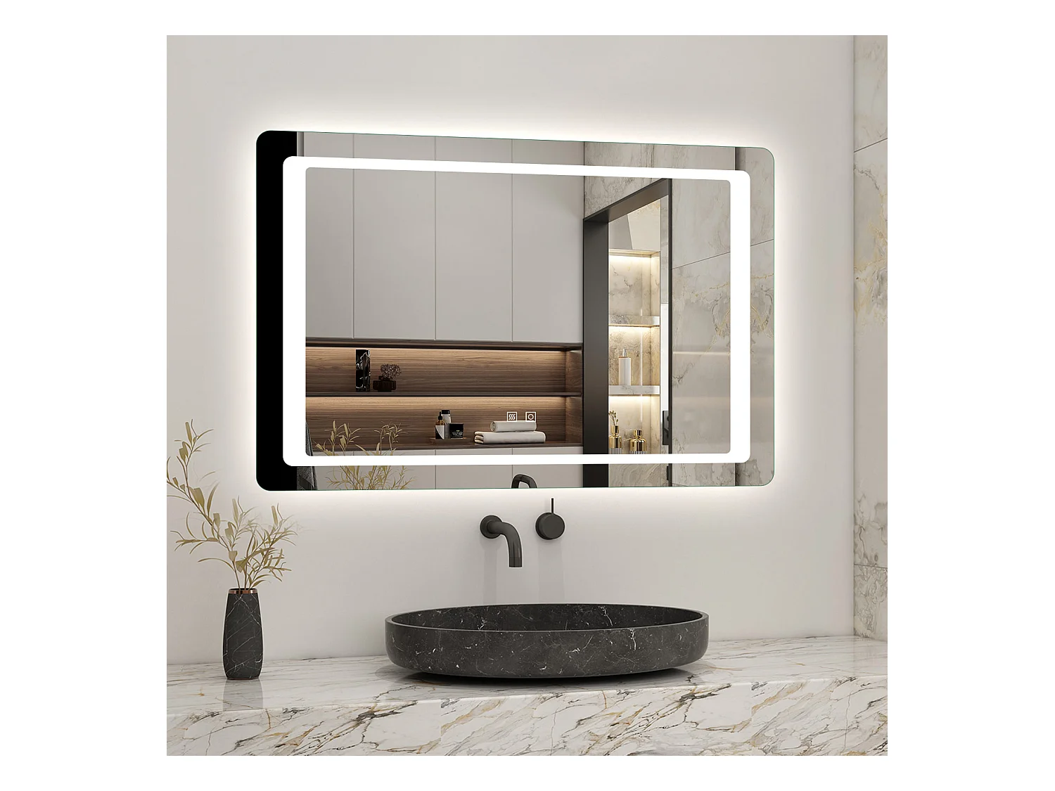 AICA Miroir de salle de bain à LED 90x65cm, Dimmable et Mémoire, miroir lumineux , Anti-Buée
