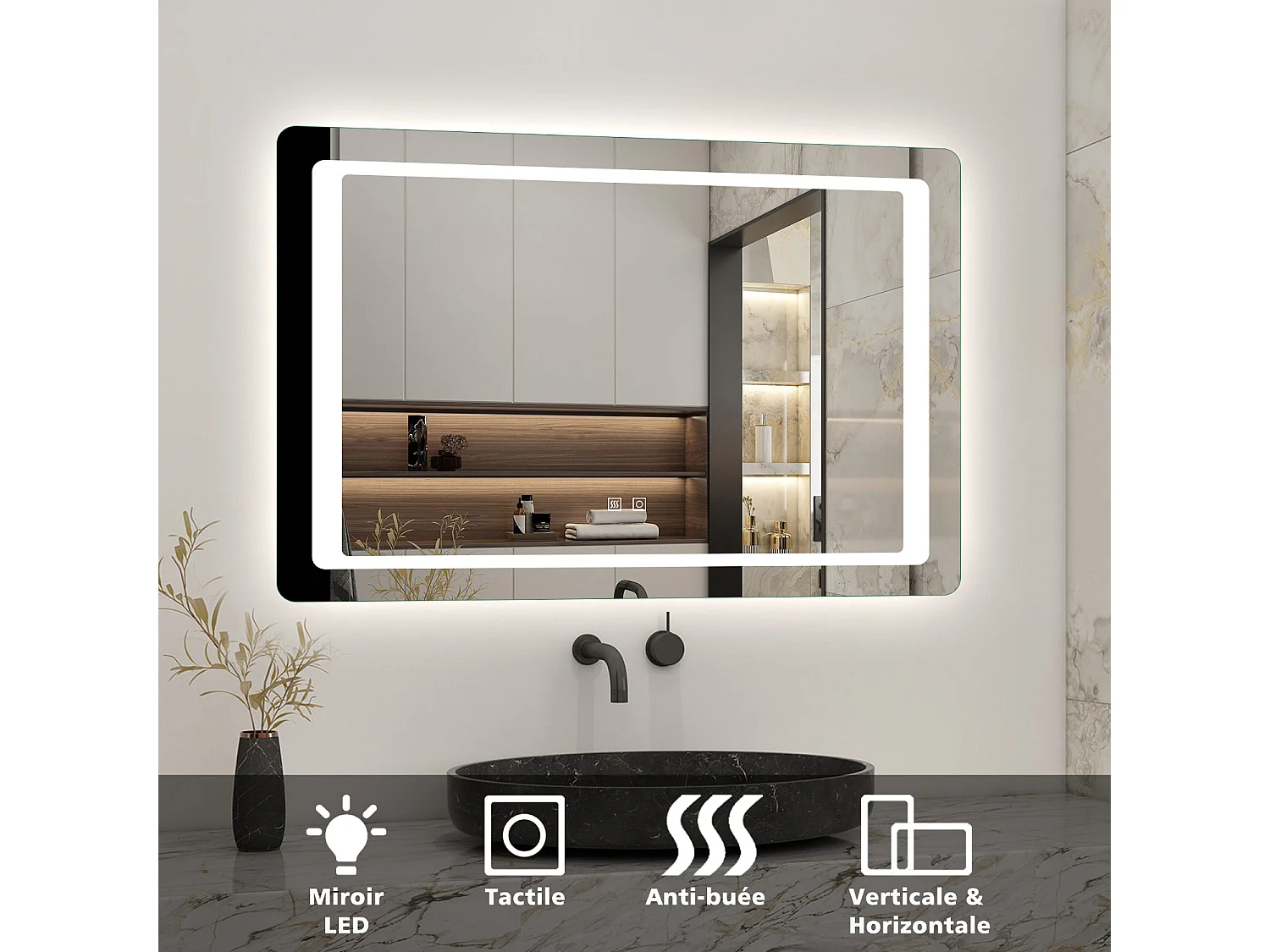 AICA Miroir de salle de bain à LED 90x65cm, Dimmable et Mémoire, miroir lumineux , Anti-Buée