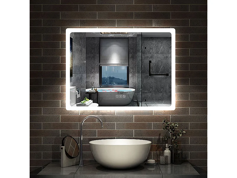 AICA Miroir Bluetooth 80x60 cm, Tricolore + Horloge + Mémoire + Dimmable + Anti-Buée, miroir LED étanche CE IP44
