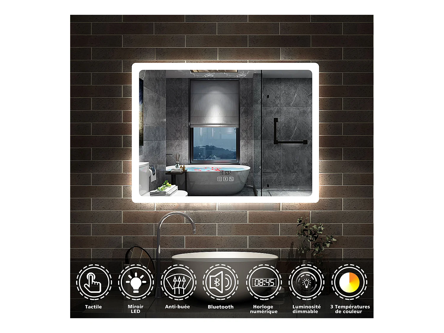 AICA Miroir Bluetooth 80x60 cm, Tricolore + Horloge + Mémoire + Dimmable + Anti-Buée, miroir LED étanche CE IP44