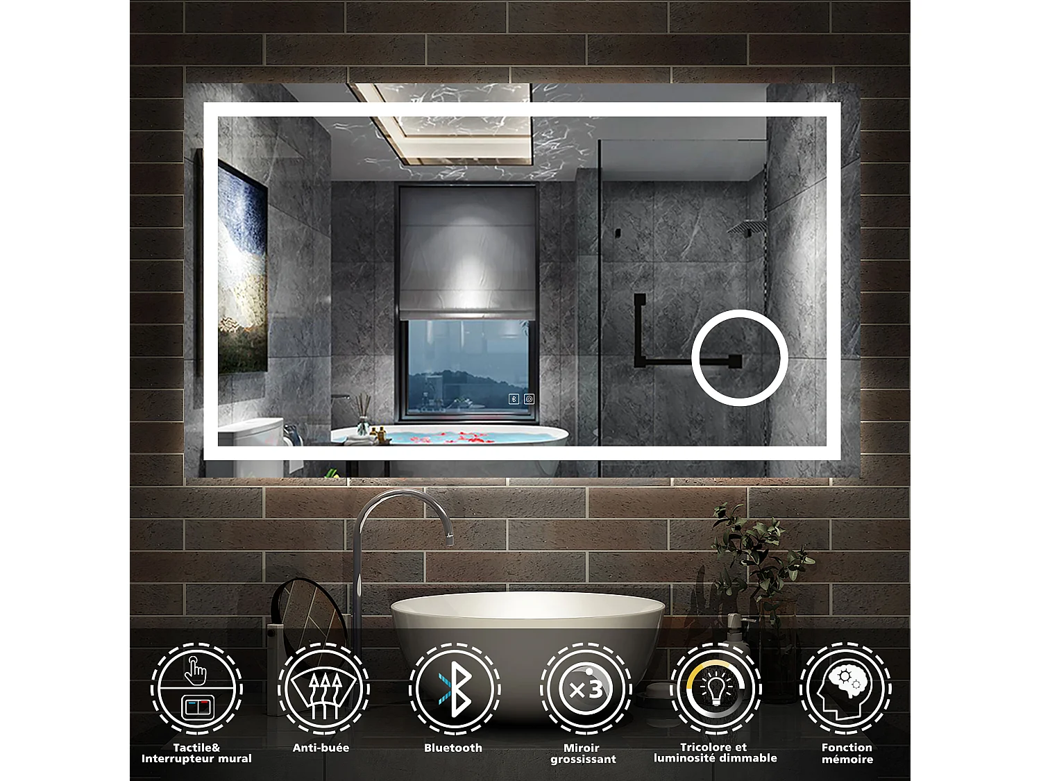 AICA Miroir de salle de bain Bluetooth 120x70 cm, LED Tricolore + 3x Loupe + Mémoire + Dimmable + Anti-Buée, CE IP44