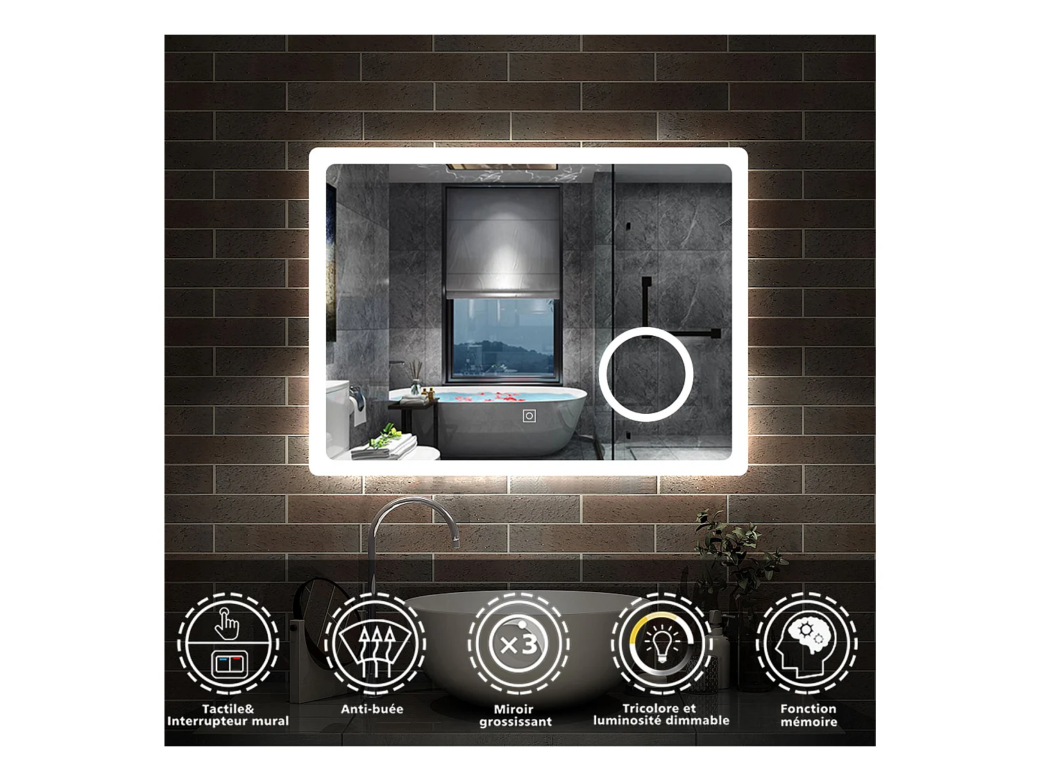 AICA Miroir de salle de bain LED 80x60cm Anti-Buée Tricolore avec 3x Loupe, Mémoire et Dimmable