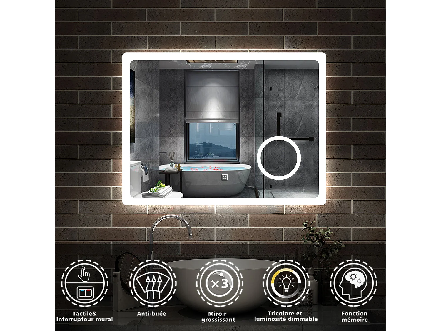 AICA Miroir de salle de bain LED 80x60cm Anti-Buée Tricolore avec 3x Loupe, Mémoire et Dimmable