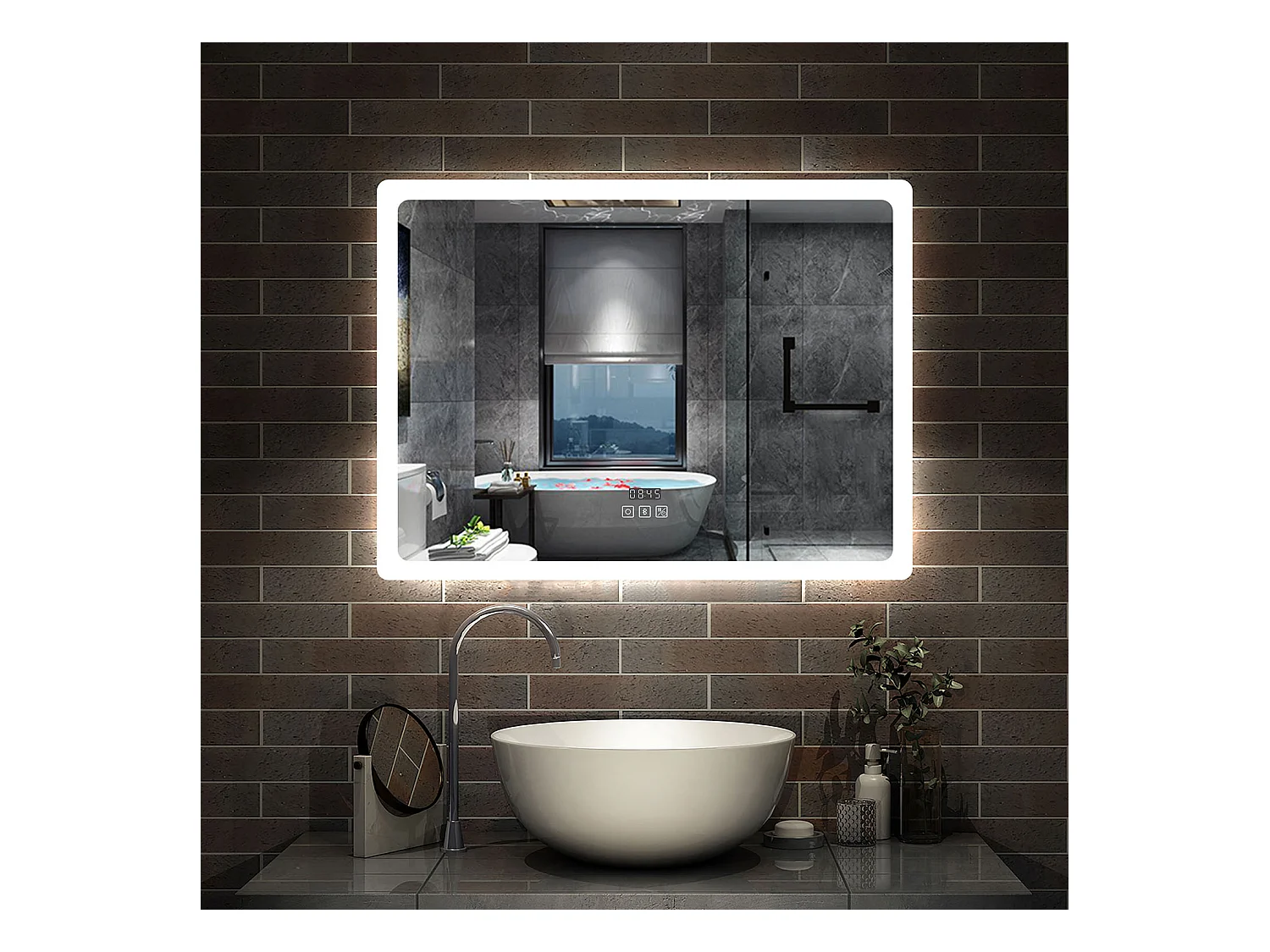 AICA Miroir Bluetooth 100x60 cm, Tricolore + Horloge + Mémoire + Dimmable + Anti-Buée, miroir LED étanche CE IP44