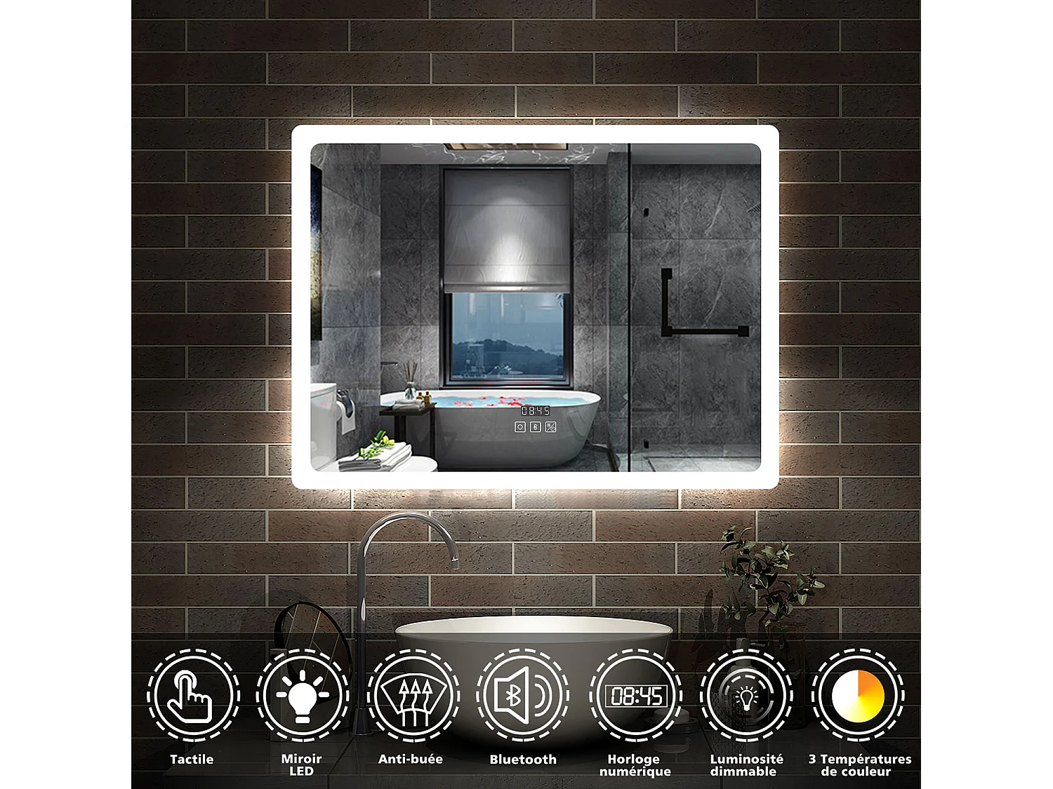 AICA Miroir Bluetooth 100x60 cm, Tricolore + Horloge + Mémoire + Dimmable + Anti-Buée, miroir LED étanche CE IP44