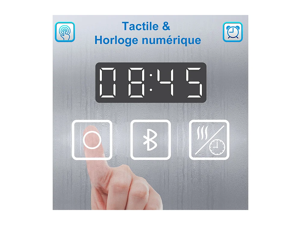AICA Miroir de salle de bain LED Bluetooth 120x70 cm, Tricolore + Horloge + Dimmable + Mémoire + Anti-Buée
