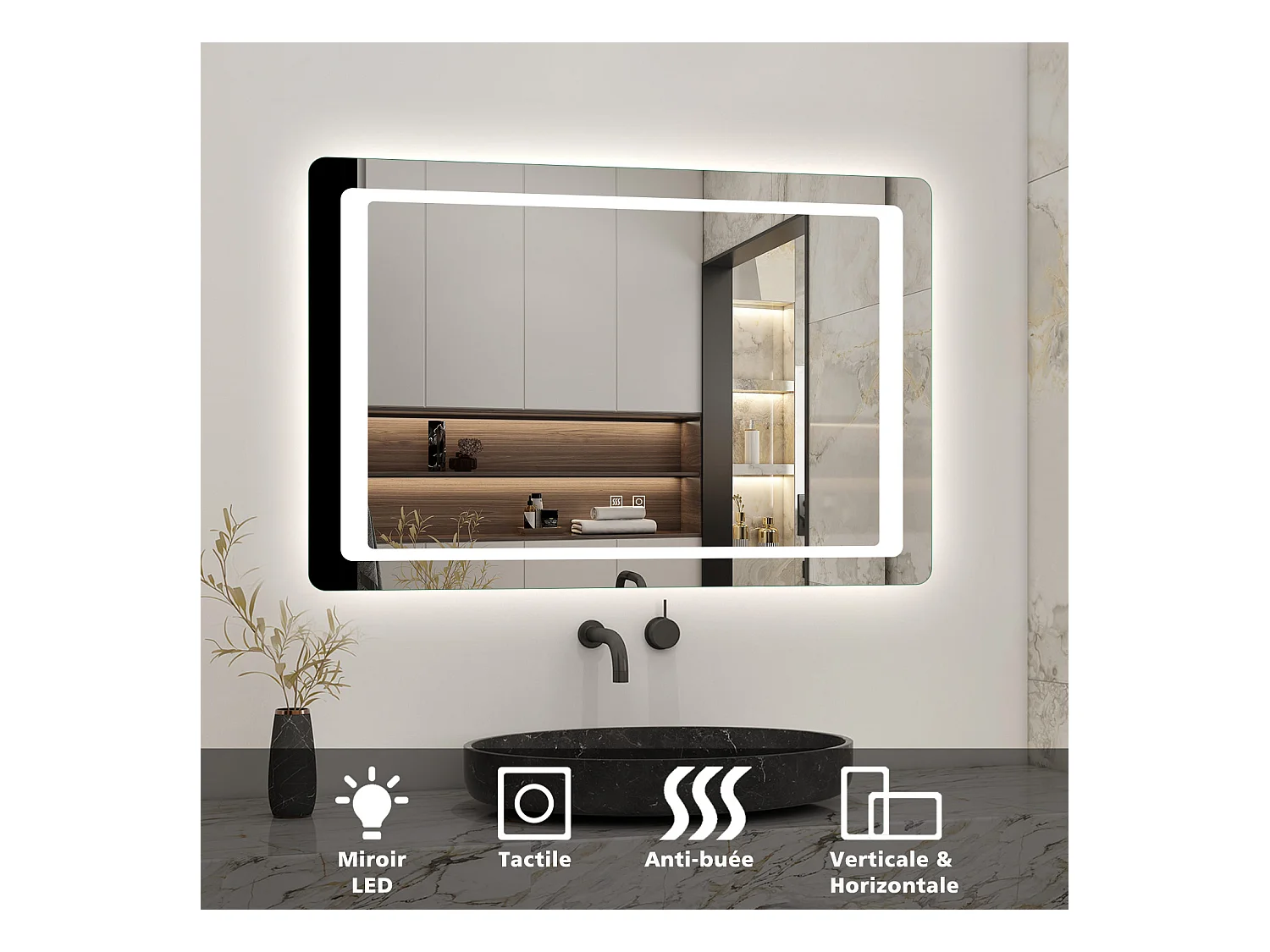 AICA Miroir de salle de bain à LED 100x60cm, Dimmable et Mémoire, miroir lumineux , Anti-Buée