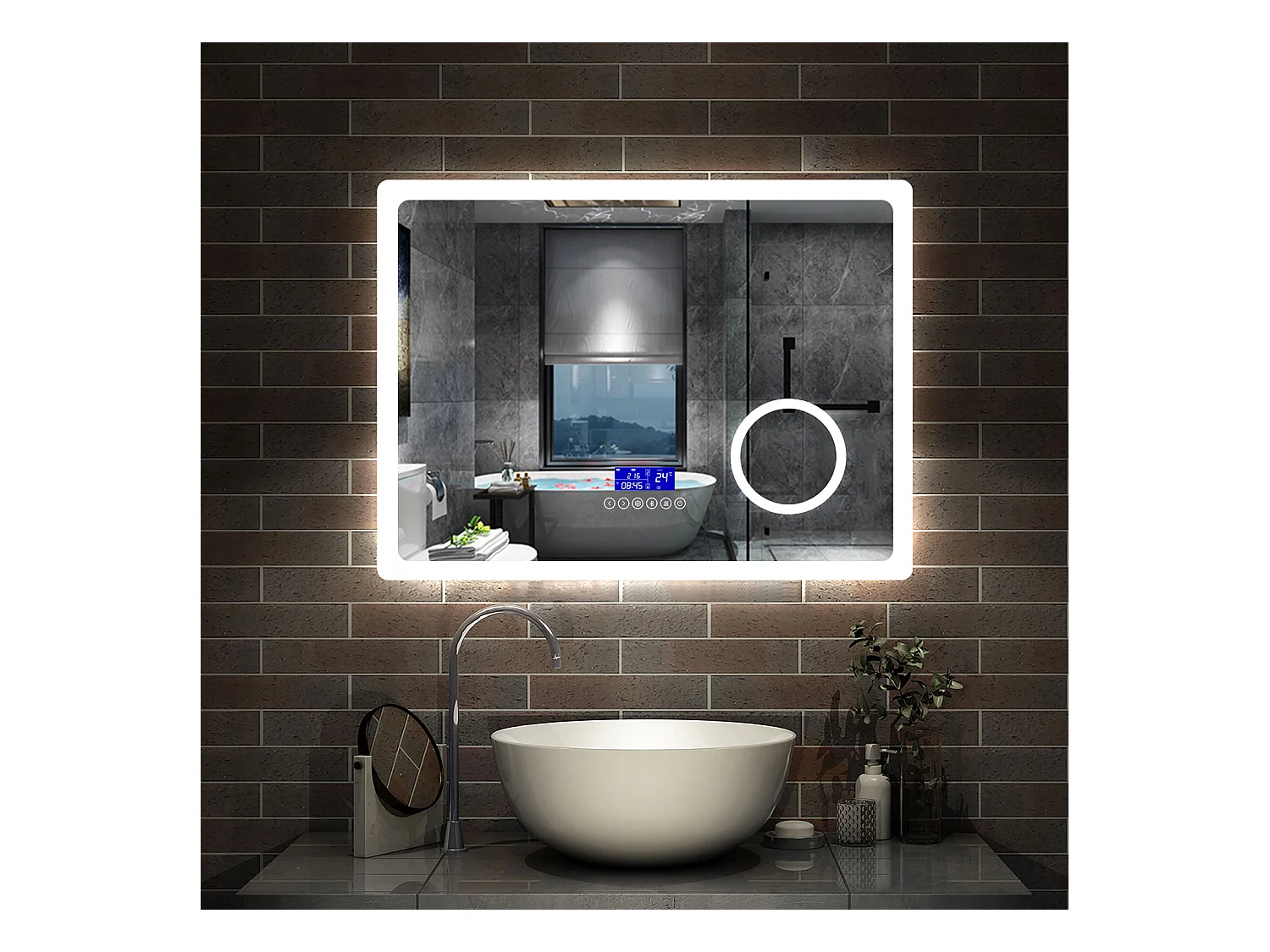 AICA Miroir de salle de bain LED Bluetooth, 80x60cm Anti-Buée, 3x Loupe, 3 couleurs de lumière, Dimmable