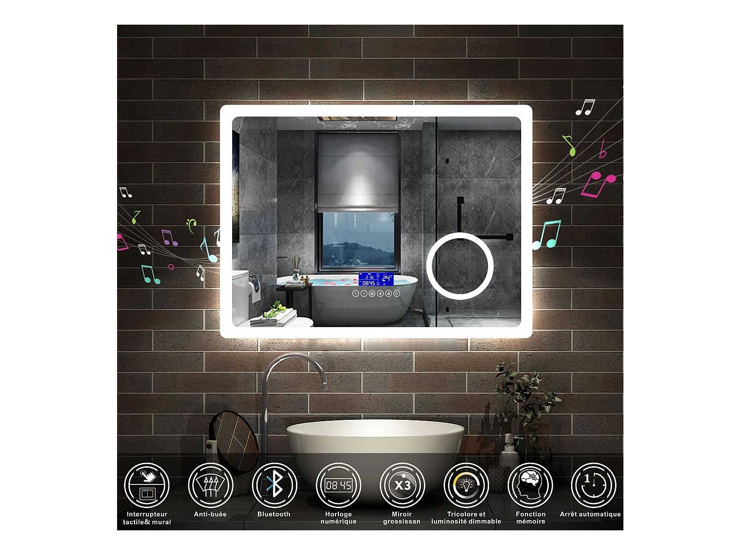 AICA Miroir de salle de bain LED Bluetooth, 80x60cm Anti-Buée, 3x Loupe, 3 couleurs de lumière, Dimmable