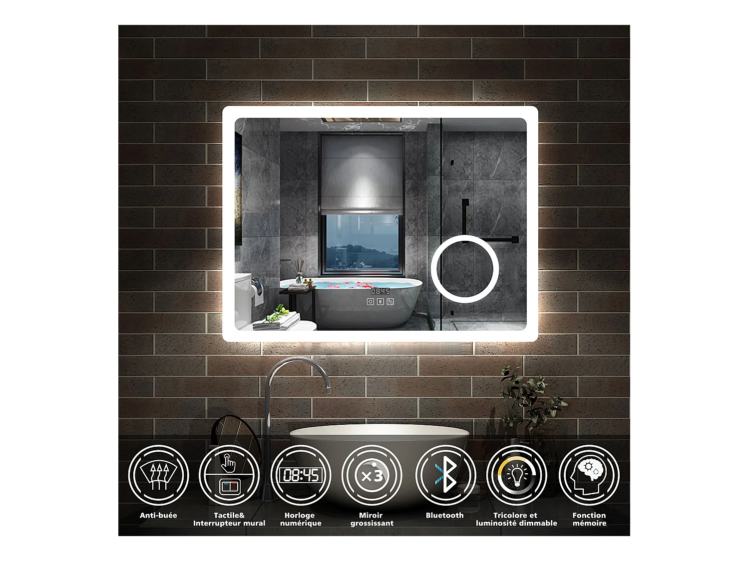 AICA Miroir salle de bain Bluetooth 80x60cm + 3x Loupe + Horloge + Tricolore + Anti-Buée Dimmable,Mémoire,tactile,LED