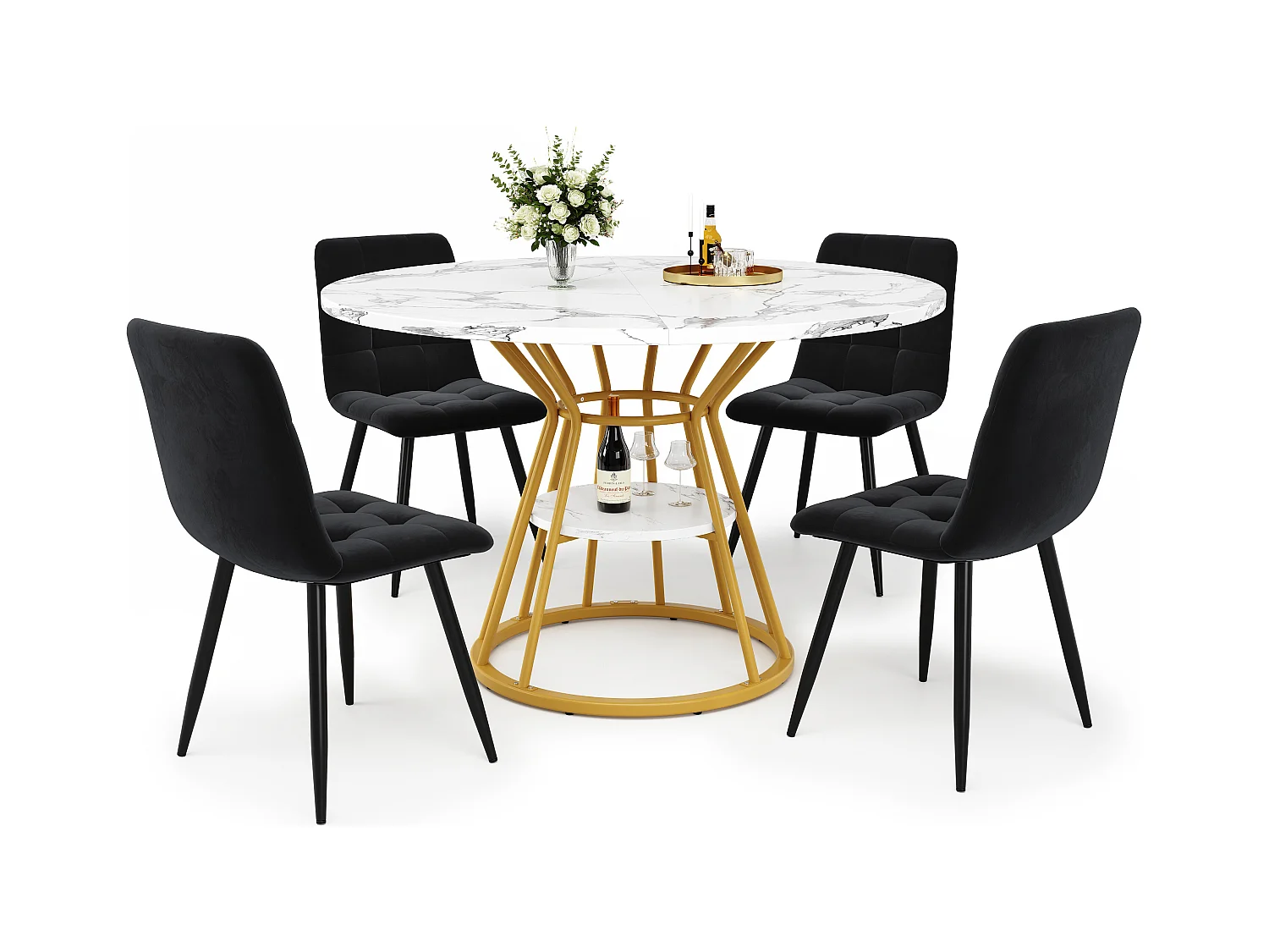 Lot de 5 table à manger et chaises - 100 x 100 x 76 cm - 4 chaises en velours + table pieds dorés - MDF + Métal - doré