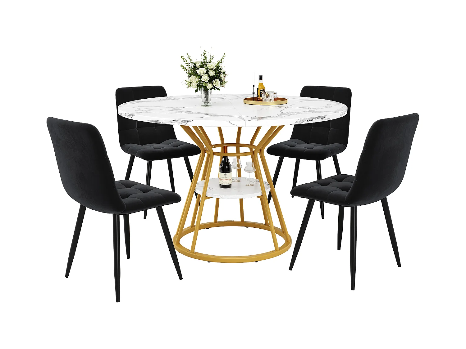 Lot de 5 table à manger et chaises - 100 x 100 x 76 cm - 4 chaises en velours + table pieds dorés - MDF + Métal - doré