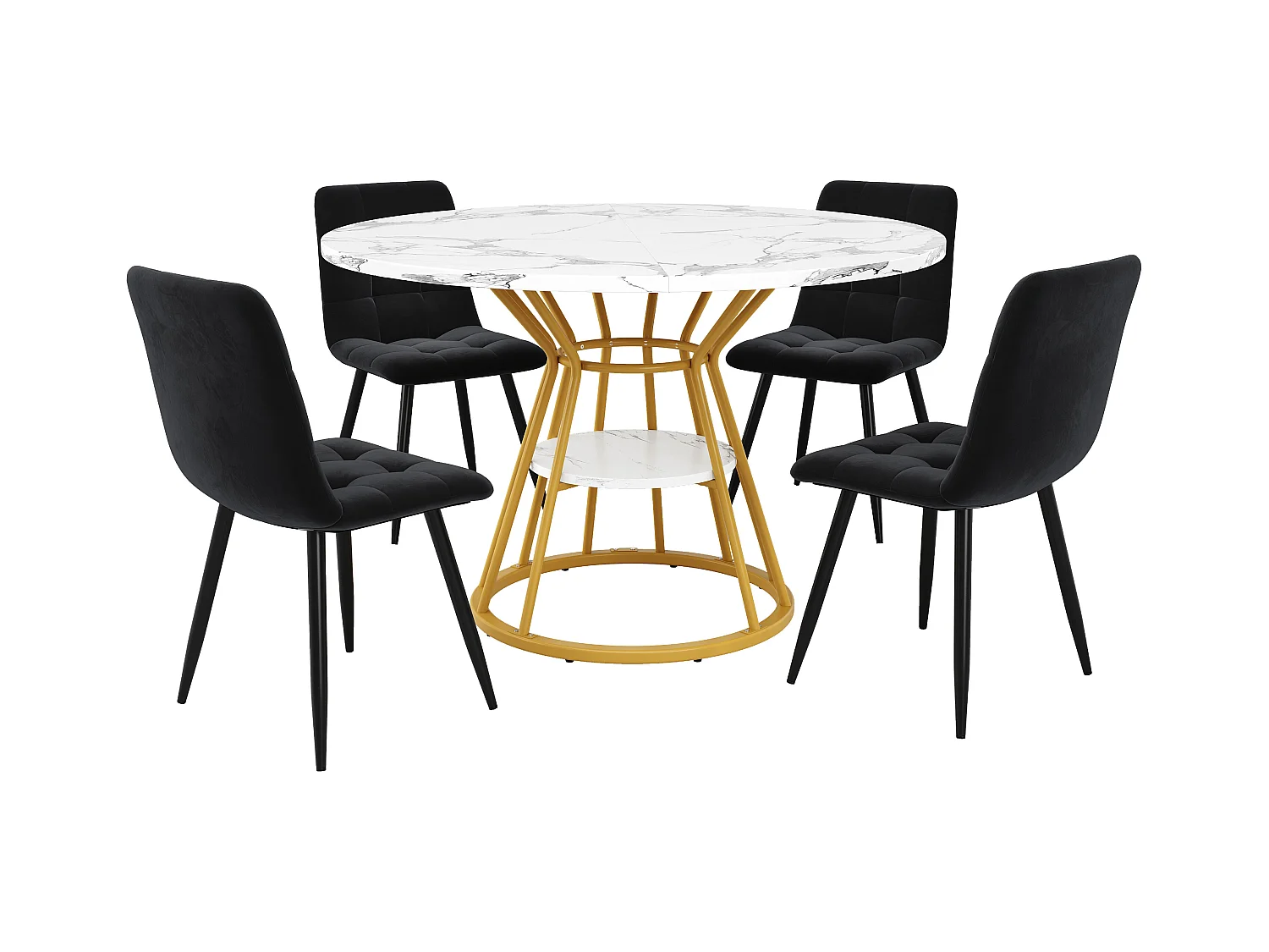 Lot de 5 table à manger et chaises - 100 x 100 x 76 cm - 4 chaises en velours + table pieds dorés - MDF + Métal - doré