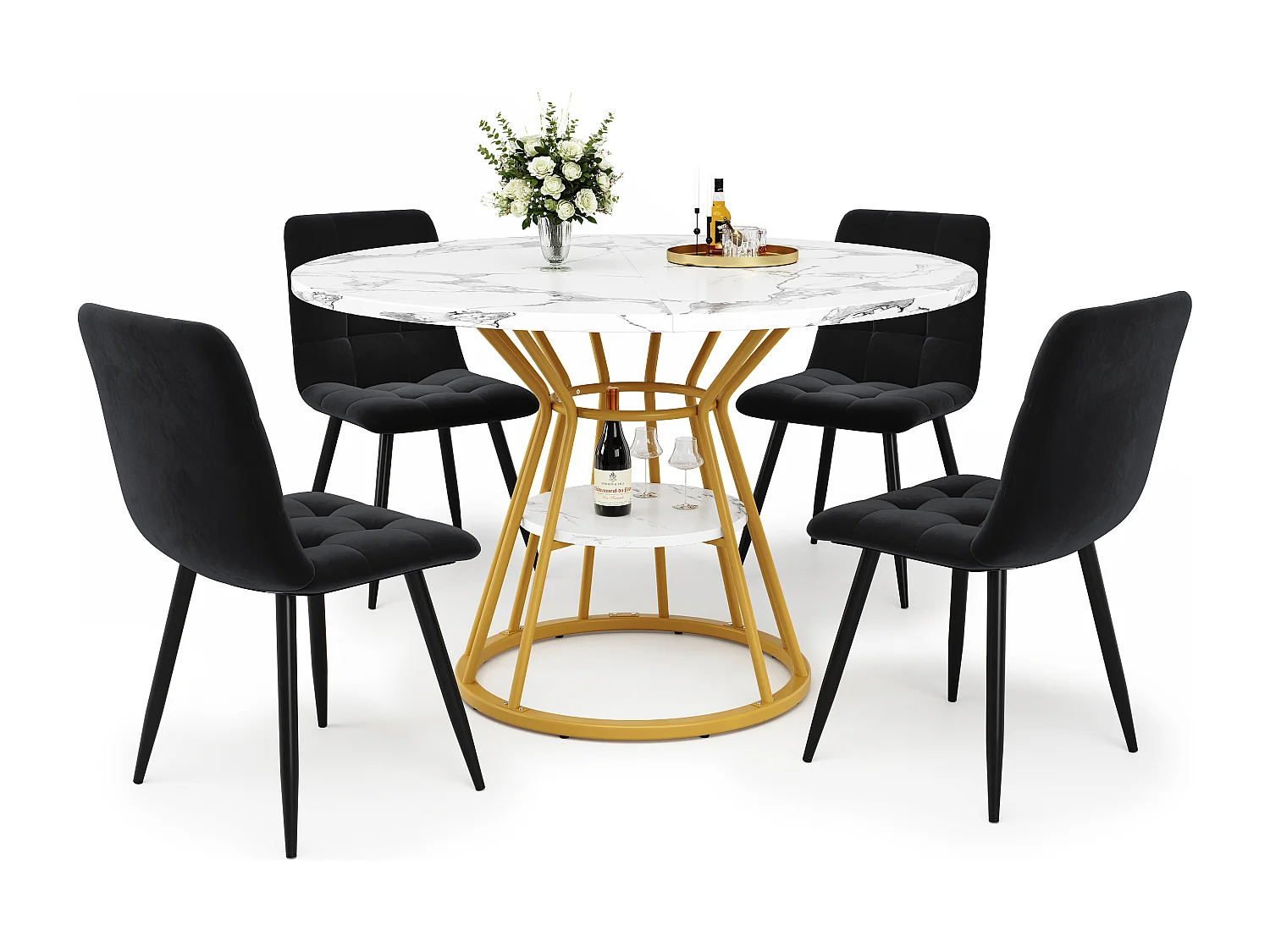 Conjunto de 5 mesas y sillas de comedor - 100 x 100 x 76 cm - 4 sillas de terciopelo + mesa con patas doradas - MDF + Metal - dorado