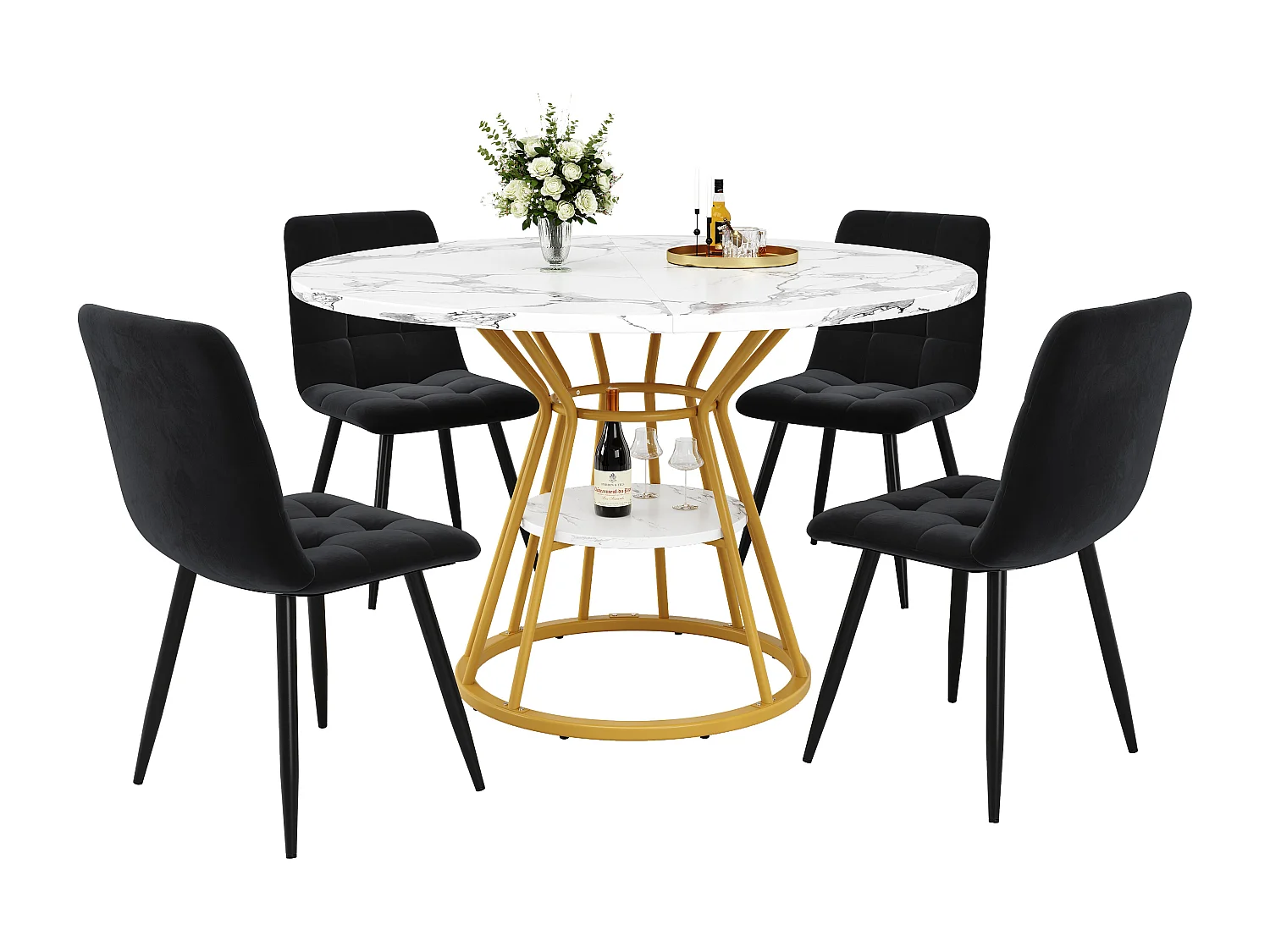 Conjunto de 5 mesas y sillas de comedor - 100 x 100 x 76 cm - 4 sillas de terciopelo + mesa con patas doradas - MDF + Metal - dorado