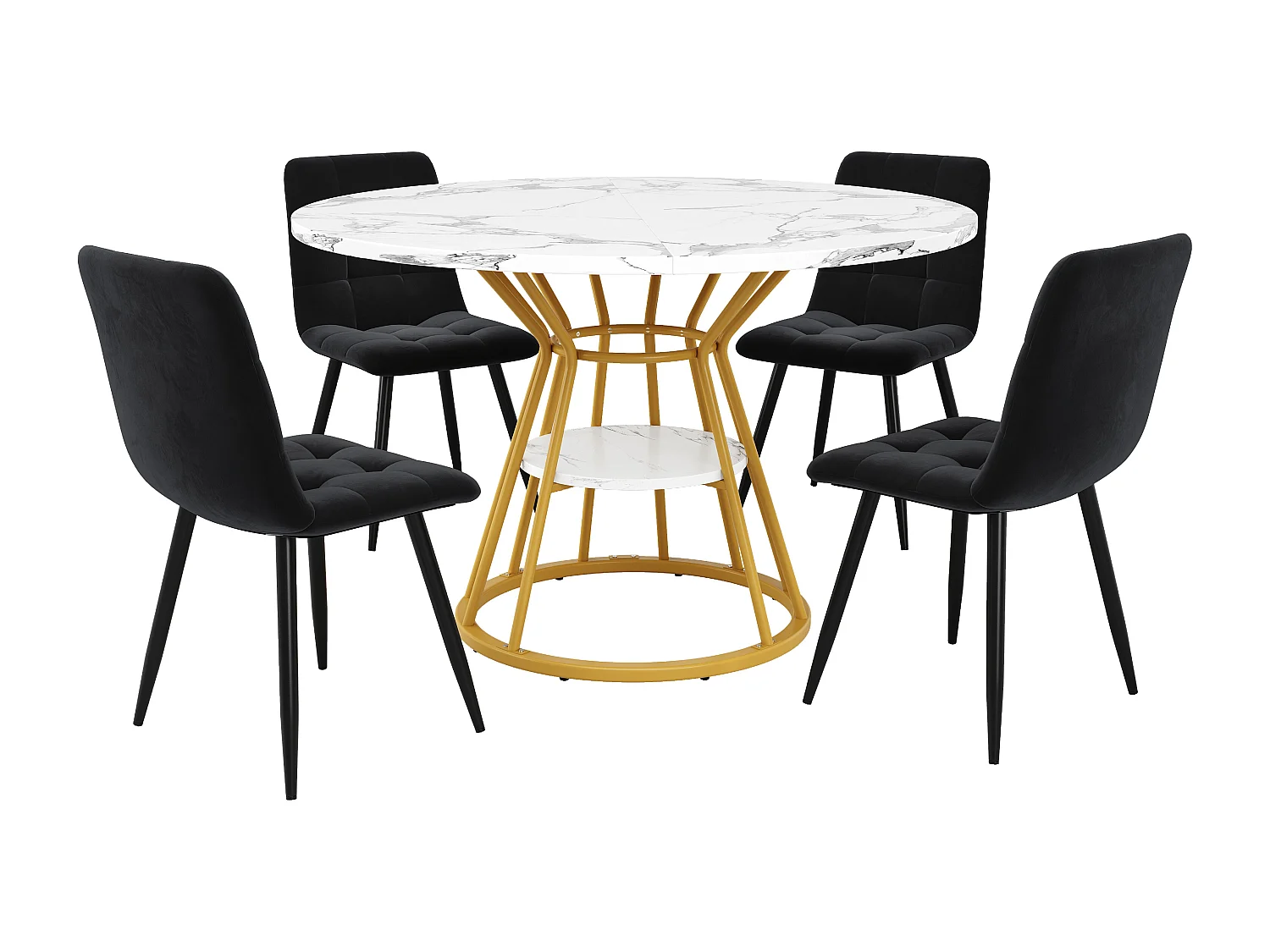 Conjunto de 5 mesas y sillas de comedor - 100 x 100 x 76 cm - 4 sillas de terciopelo + mesa con patas doradas - MDF + Metal - dorado