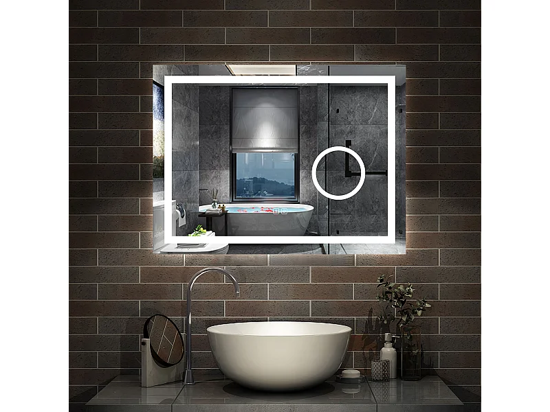 AICA Miroir de salle de bain Bluetooth 100x60 cm, LED Tricolore + 3x Loupe + Mémoire + Dimmable + Anti-Buée, CE IP44