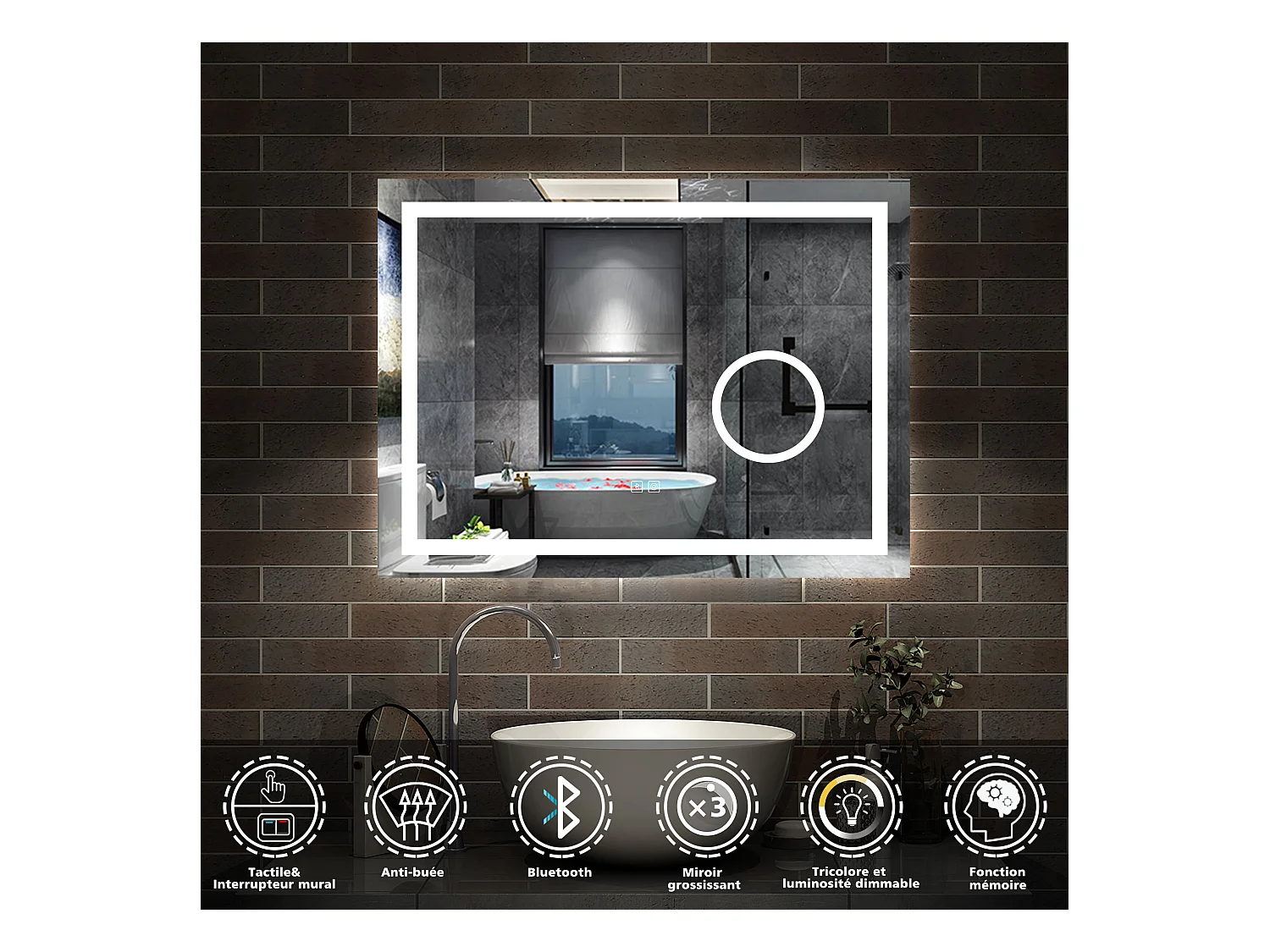 AICA Miroir de salle de bain Bluetooth 100x60 cm, LED Tricolore + 3x Loupe + Mémoire + Dimmable + Anti-Buée, CE IP44