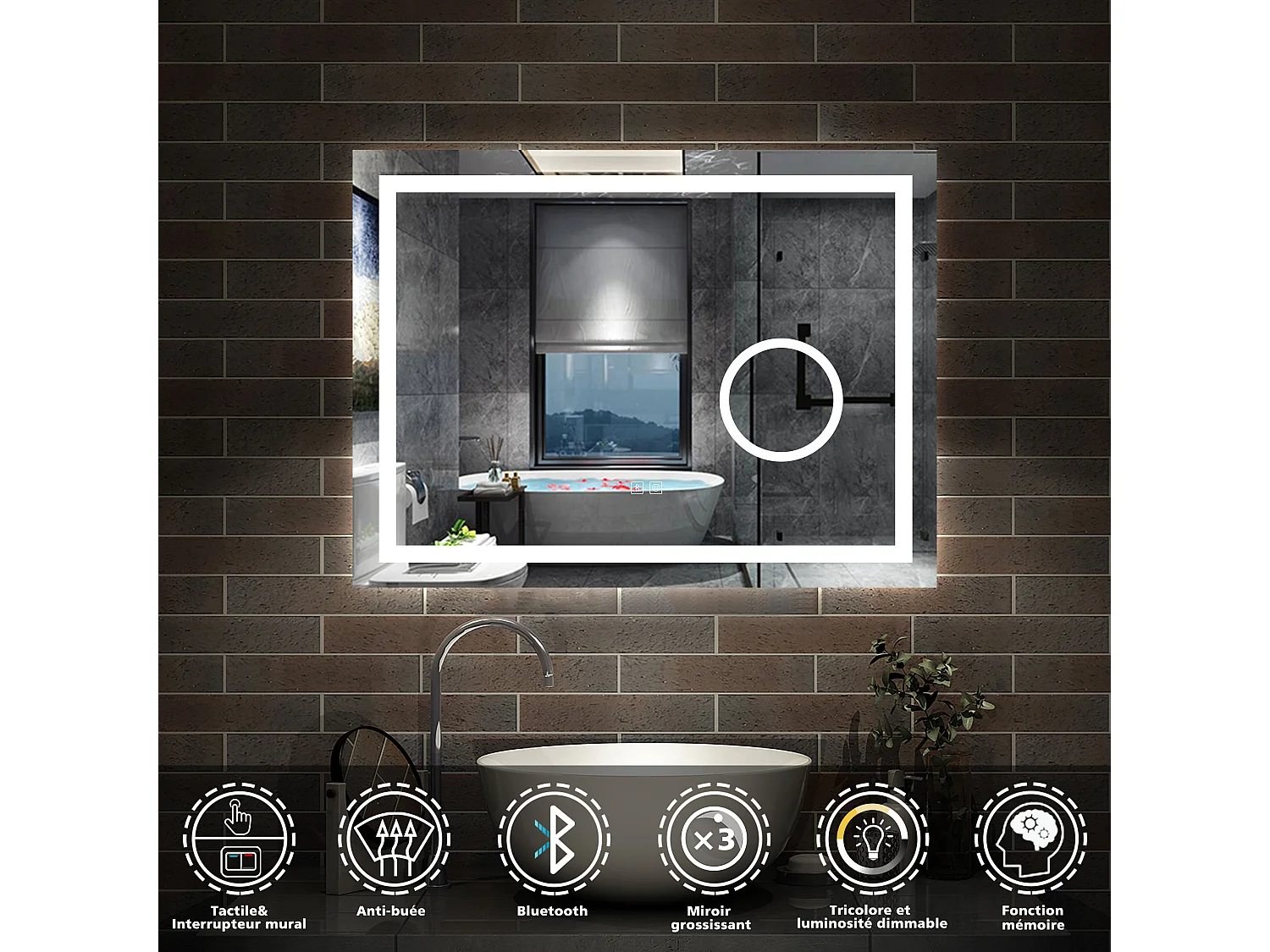 AICA Miroir de salle de bain Bluetooth 100x60 cm, LED Tricolore + 3x Loupe + Mémoire + Dimmable + Anti-Buée, CE IP44
