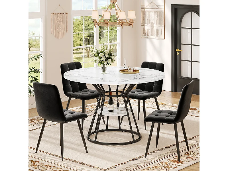 Conjunto de 5 mesas e cadeiras de jantar - 100 x 100 x 76 cm - 4 cadeiras de veludo + mesa com pés pretos - MDF + Metal - preto