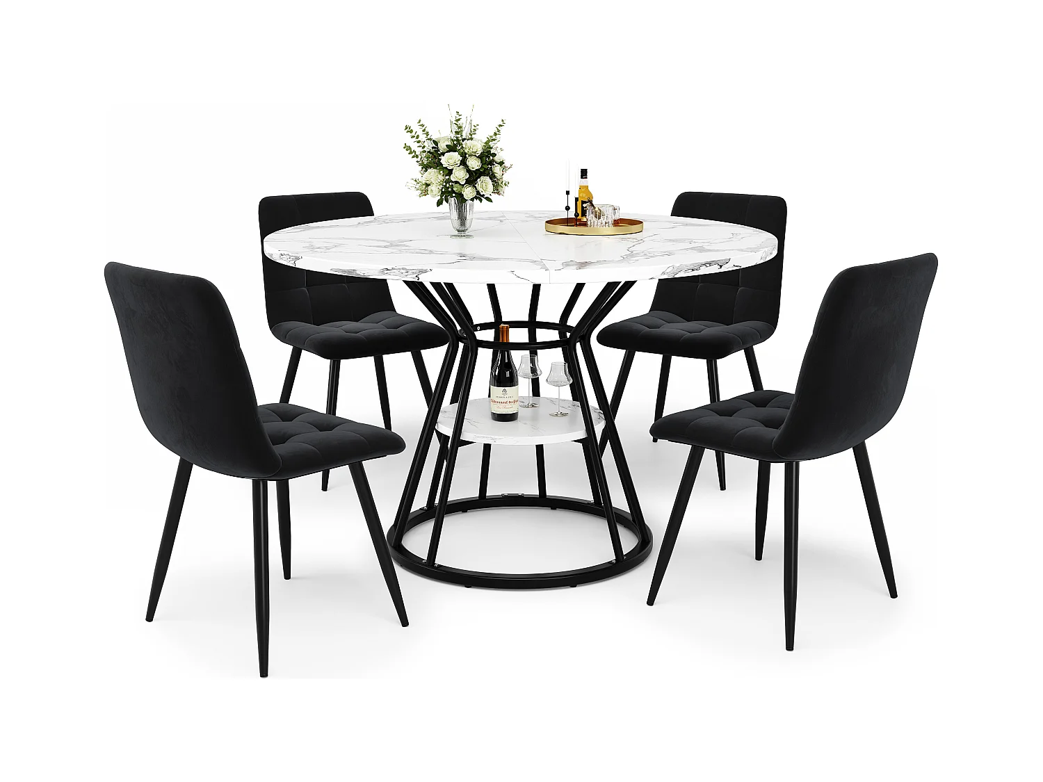 Lot de 5 table à manger et chaises - 100 x 100 x 76 cm - 4 chaises en velours + table pieds noirs - MDF + Métal - noir