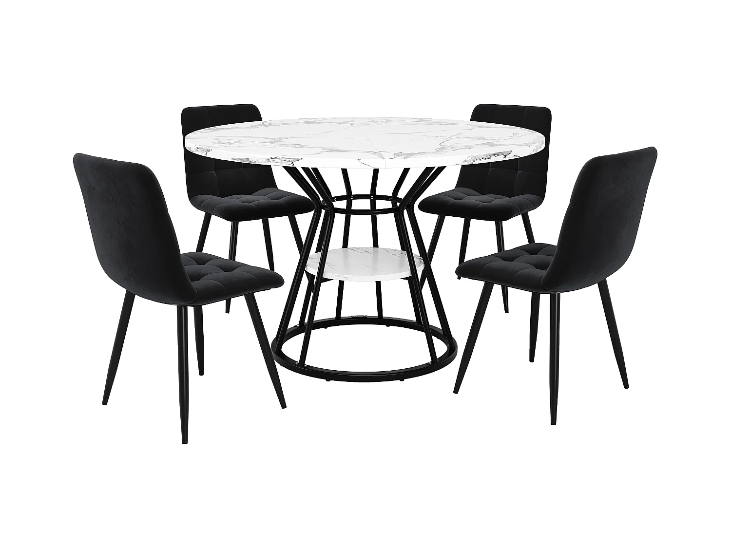 Lot de 5 table à manger et chaises - 100 x 100 x 76 cm - 4 chaises en velours + table pieds noirs - MDF + Métal - noir