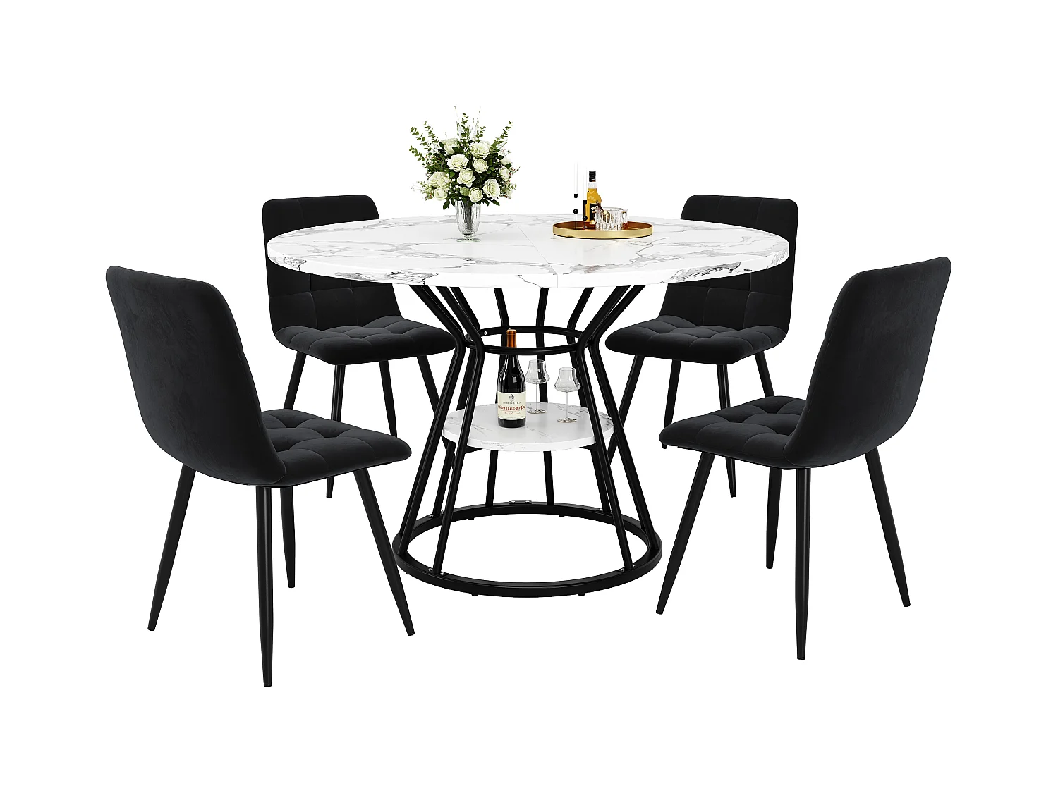 Lot de 5 table à manger et chaises - 100 x 100 x 76 cm - 4 chaises en velours + table pieds noirs - MDF + Métal - noir