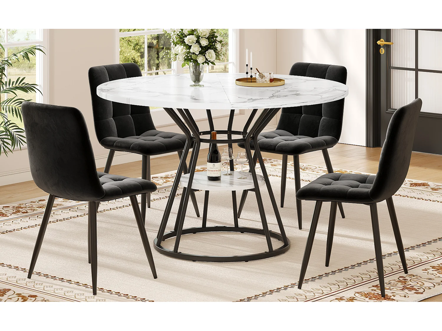 Lot de 5 table à manger et chaises - 100 x 100 x 76 cm - 4 chaises en velours + table pieds noirs - MDF + Métal - noir