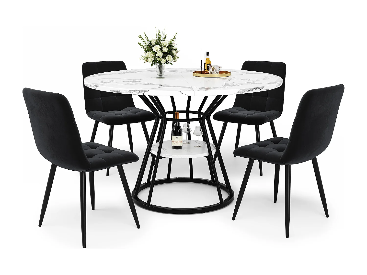 Lot de 5 table à manger et chaises - 100 x 100 x 76 cm - 4 chaises en velours + table pieds noirs - MDF + Métal - noir