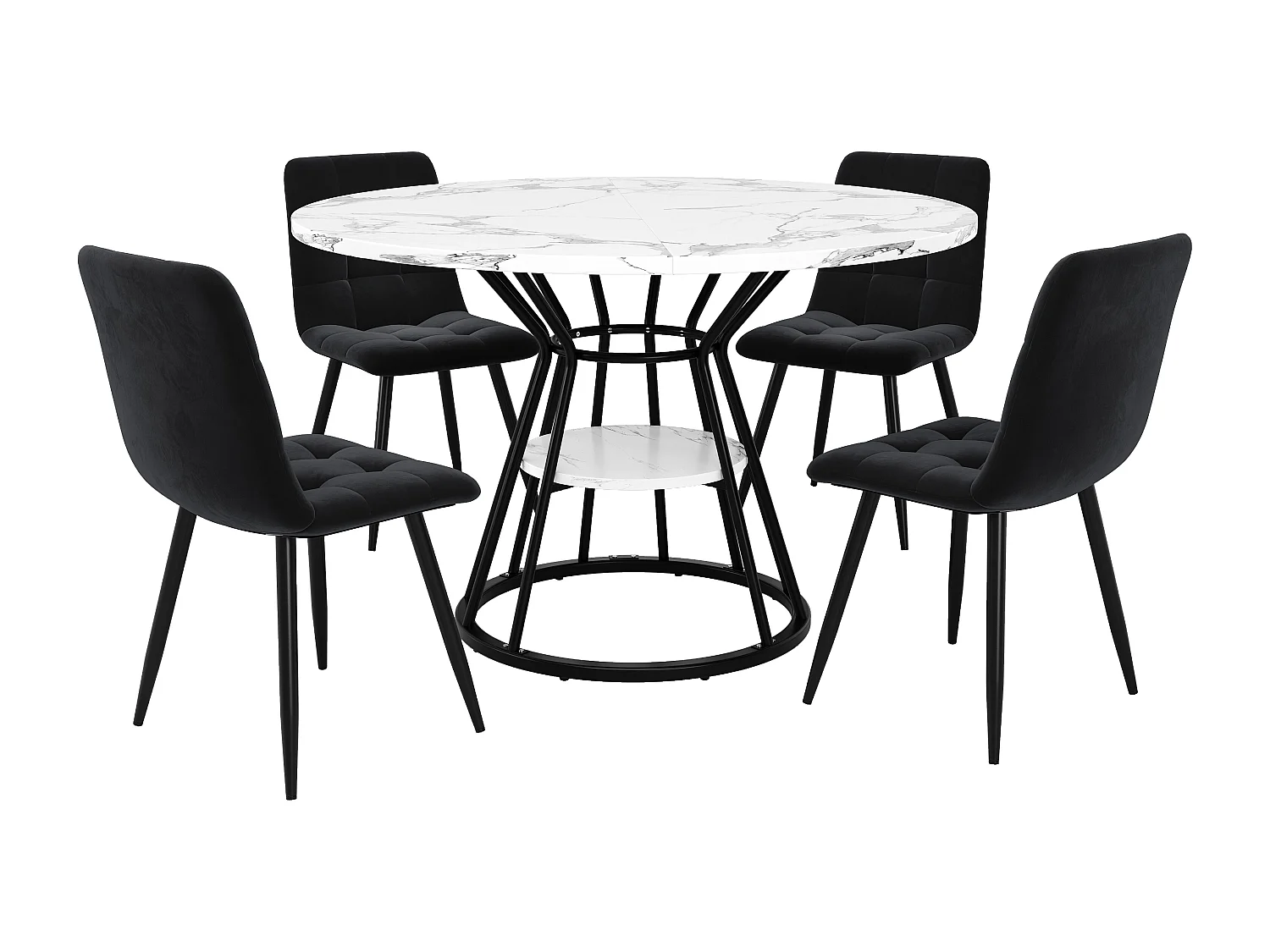 Lot de 5 table à manger et chaises - 100 x 100 x 76 cm - 4 chaises en velours + table pieds noirs - MDF + Métal - noir