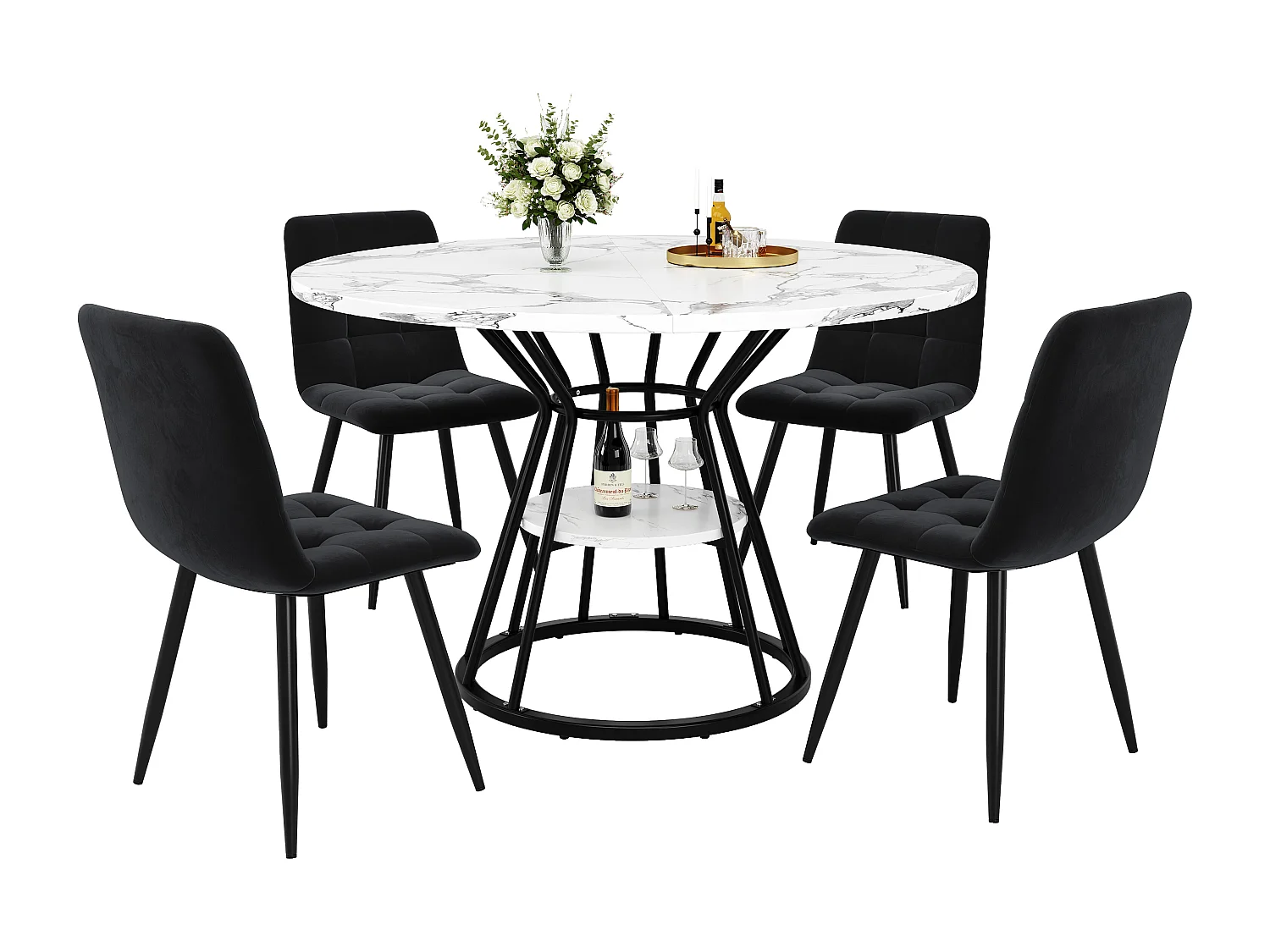 Lot de 5 table à manger et chaises - 100 x 100 x 76 cm - 4 chaises en velours + table pieds noirs - MDF + Métal - noir