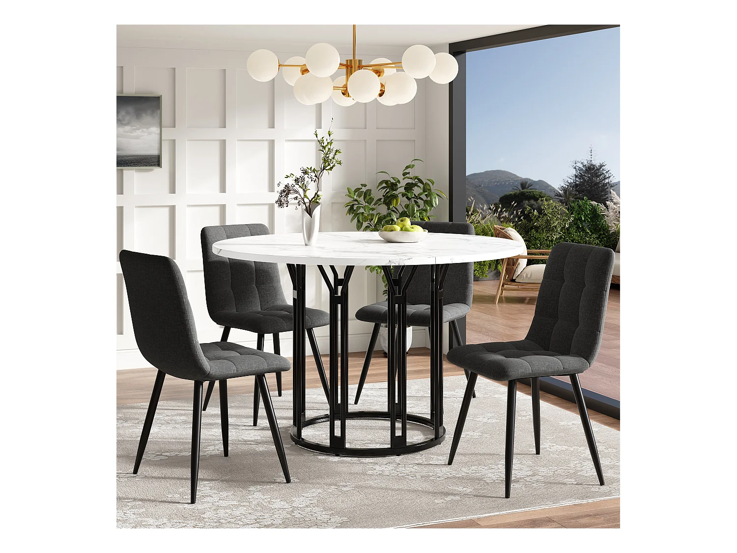 Ensemble de table à manger 100 x 100 x 74 cm + 4 chaises - table plateau en marbre - MDF + Métal - noir