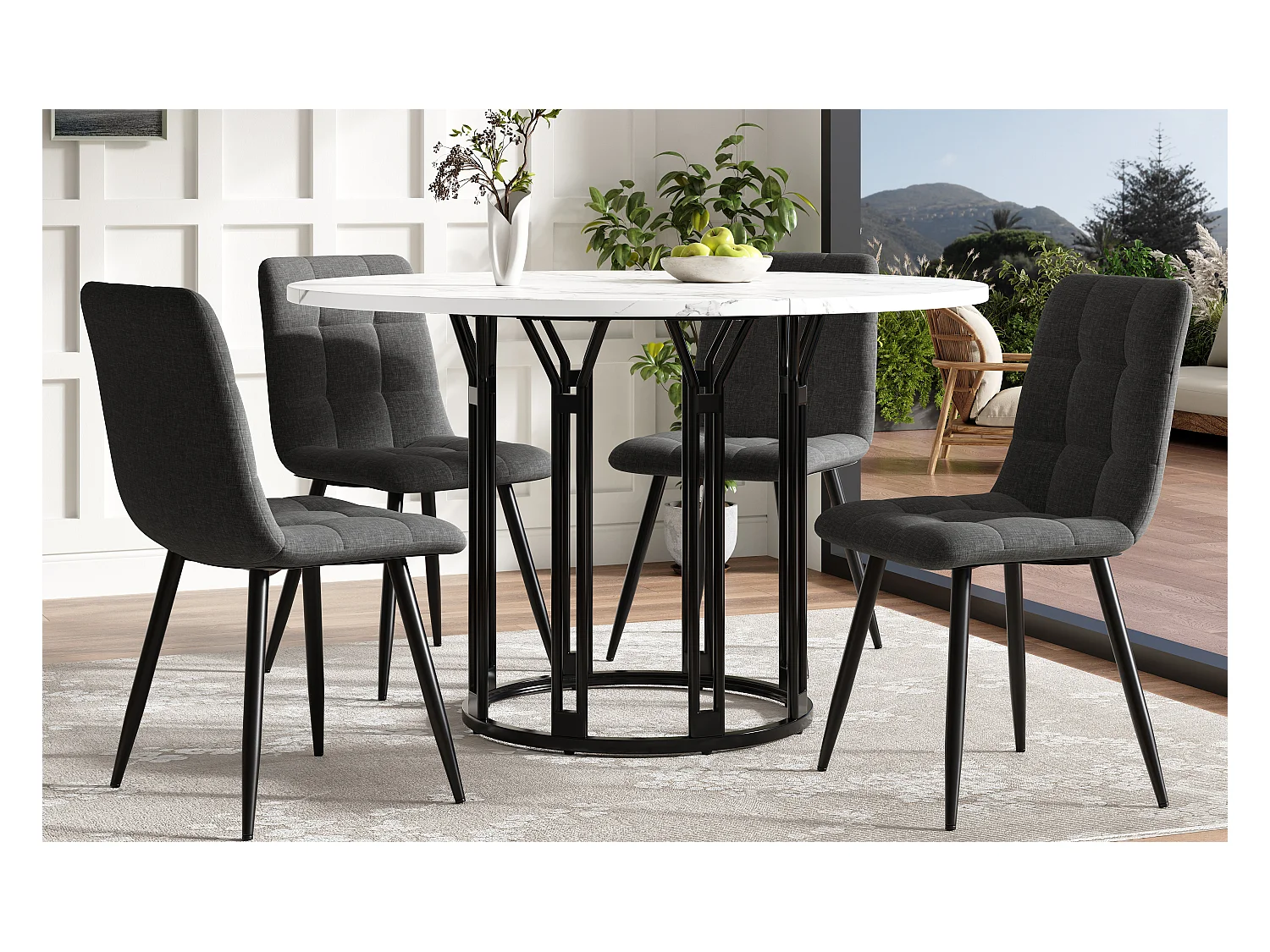 Ensemble de table à manger 100 x 100 x 74 cm + 4 chaises - table plateau en marbre - MDF + Métal - noir