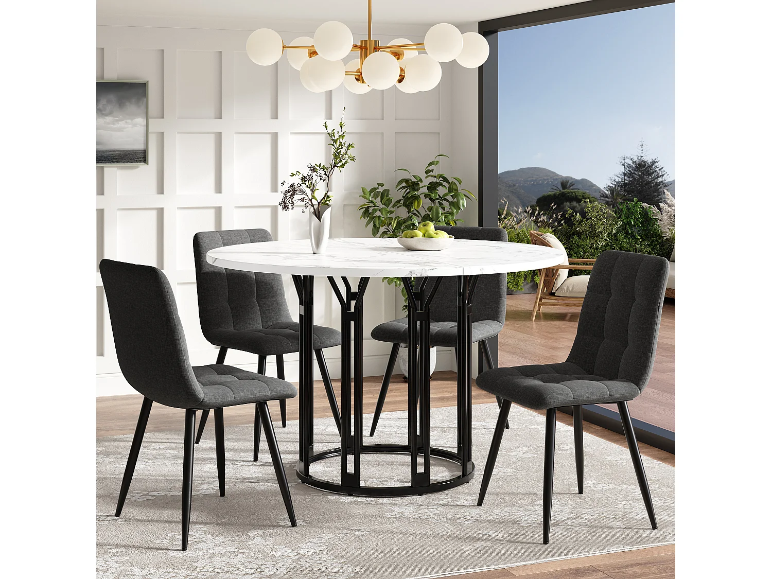 Ensemble de table à manger 100 x 100 x 74 cm + 4 chaises - table plateau en marbre - MDF + Métal - noir