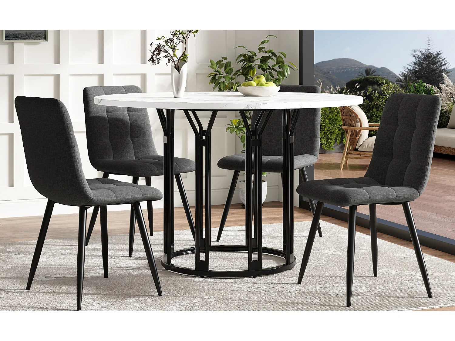 Ensemble de table à manger 100 x 100 x 74 cm + 4 chaises - table plateau en marbre - MDF + Métal - noir