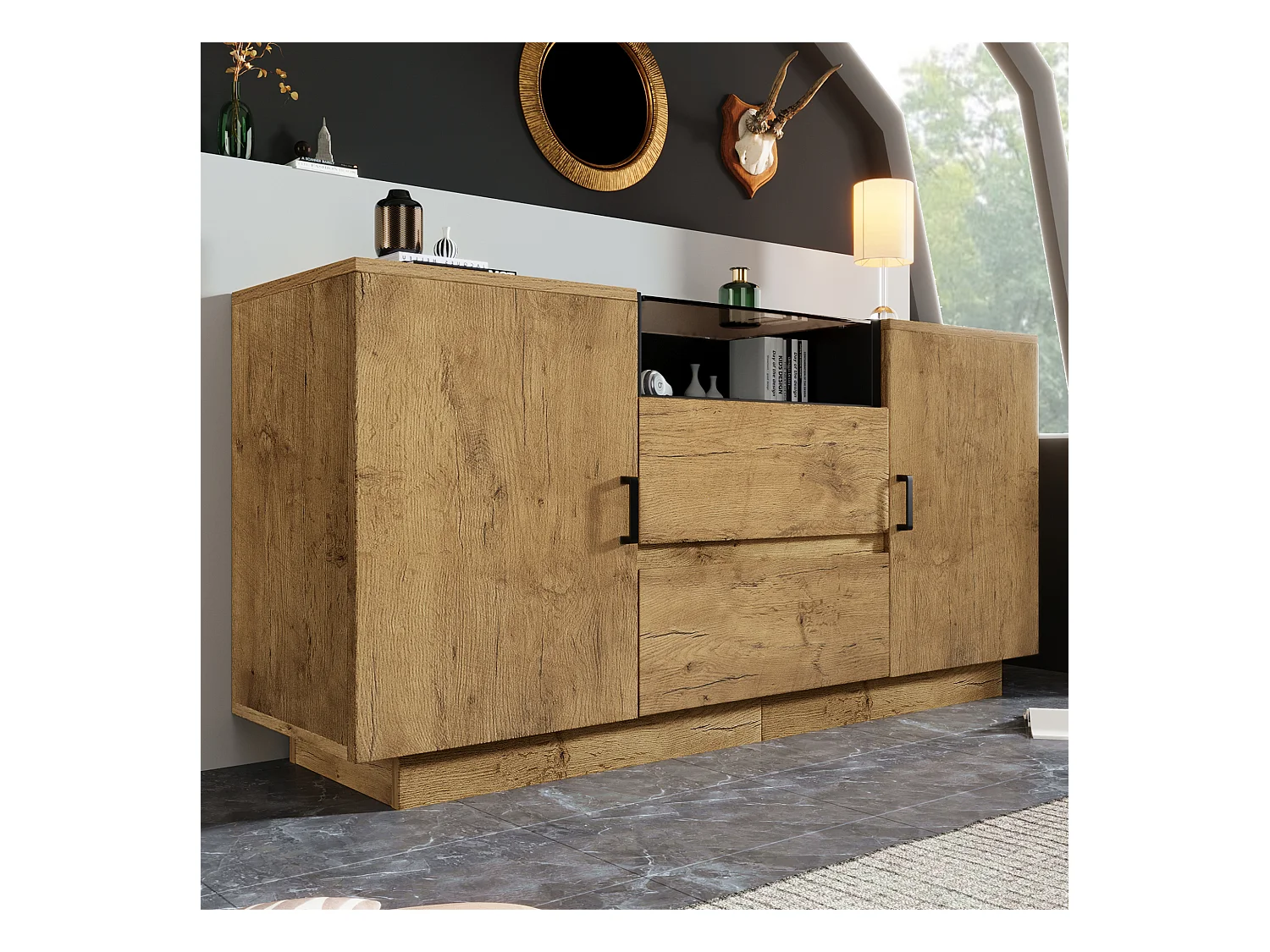 Buffet aspect chêne - 140 x 40 x 70 cm - avec 2 tiroirs + 2 portes + étagère - bois + métal - naturel