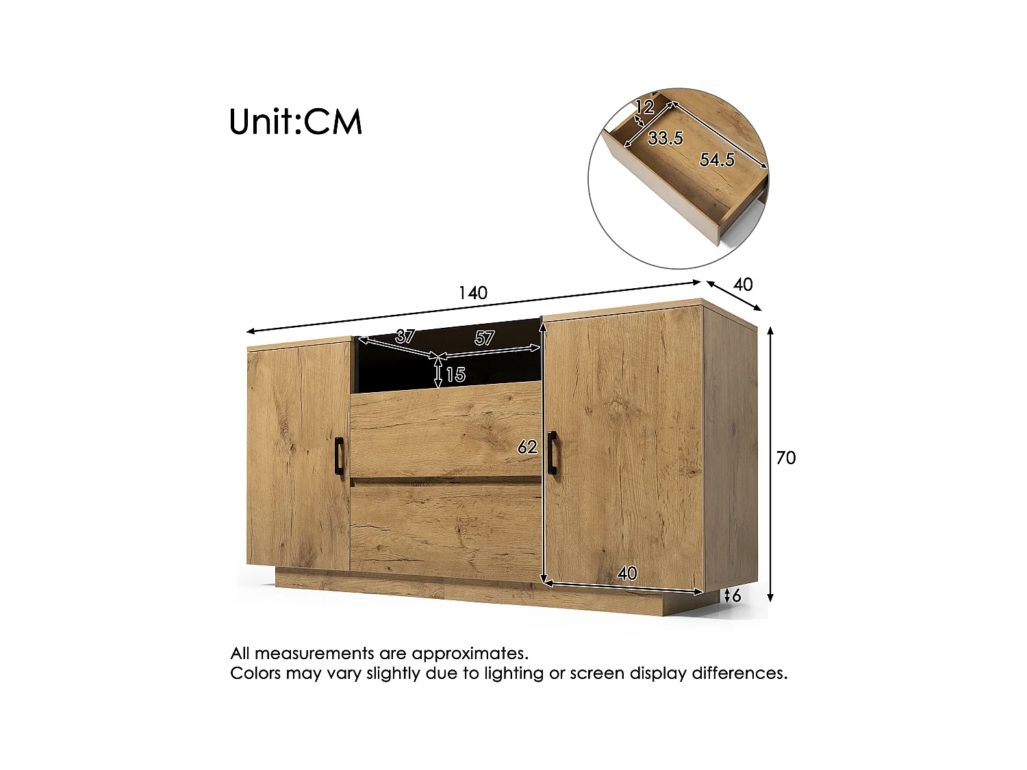 Buffet aspect chêne - 140 x 40 x 70 cm - avec 2 tiroirs + 2 portes + étagère - bois + métal - naturel