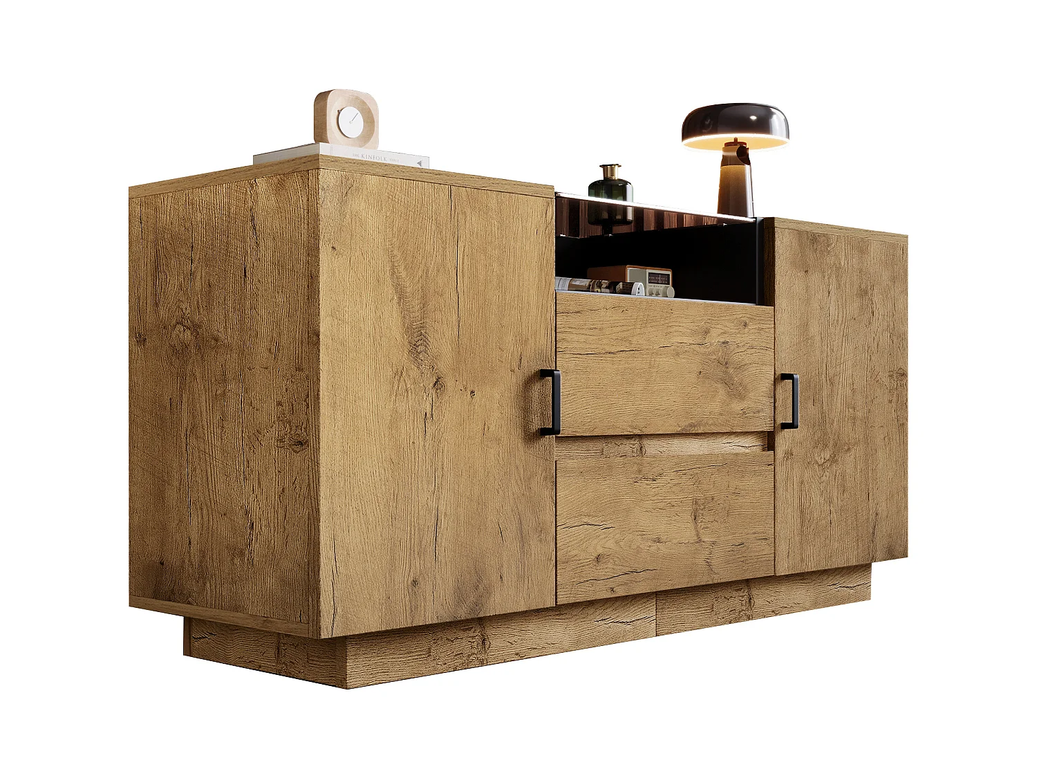 Buffet aspect chêne - 140 x 40 x 70 cm - avec 2 tiroirs + 2 portes + étagère - bois + métal - naturel
