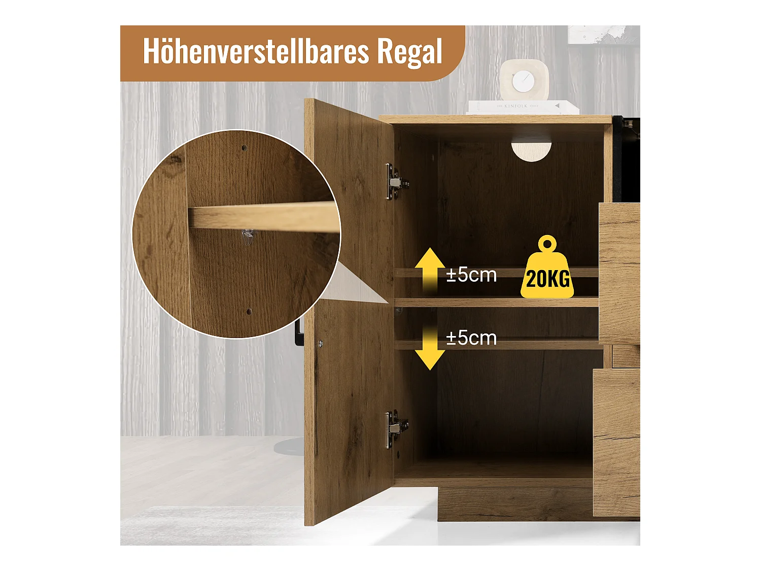 Buffet aspect chêne - 140 x 40 x 70 cm - avec 2 tiroirs + 2 portes + étagère - bois + métal - naturel