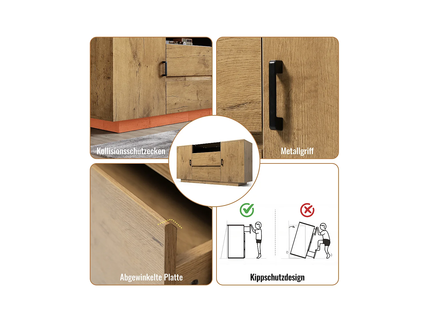 Buffet aspect chêne - 140 x 40 x 70 cm - avec 2 tiroirs + 2 portes + étagère - bois + métal - naturel