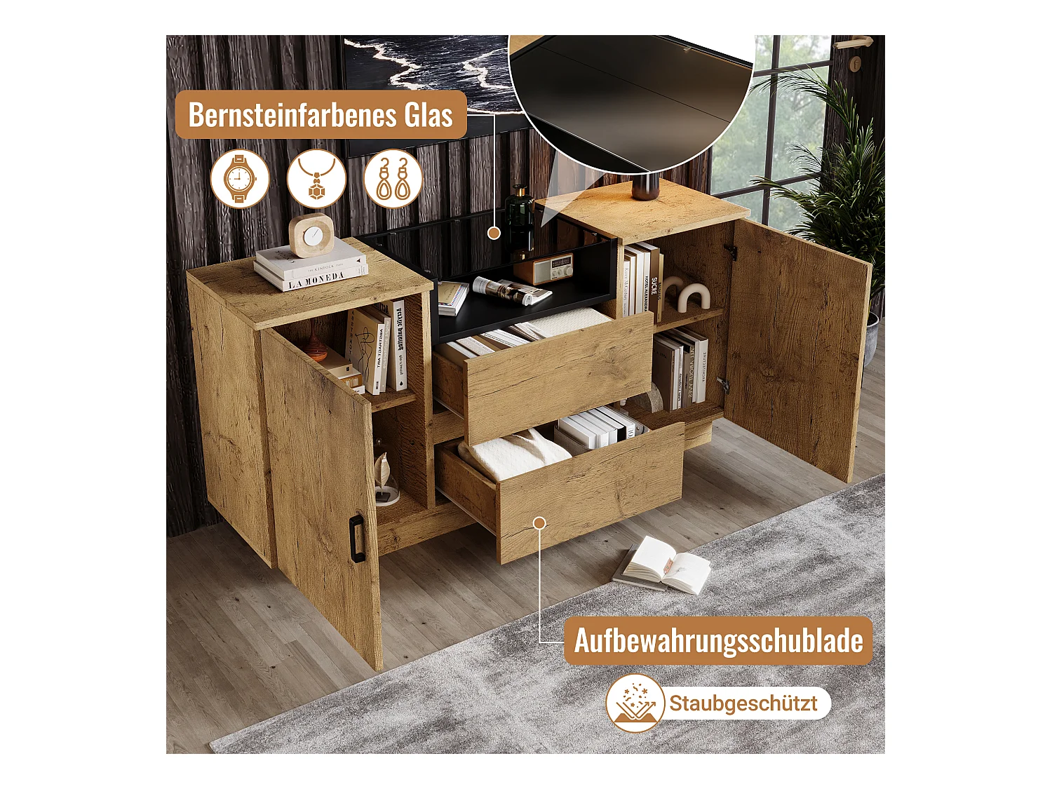 Buffet aspect chêne - 140 x 40 x 70 cm - avec 2 tiroirs + 2 portes + étagère - bois + métal - naturel