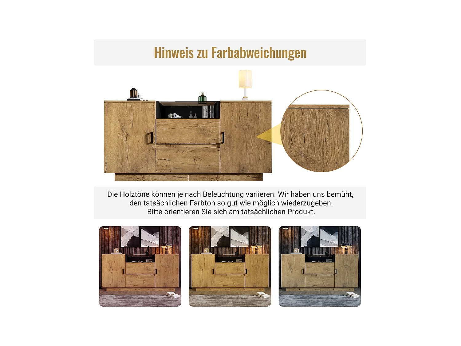 Buffet aspect chêne - 140 x 40 x 70 cm - avec 2 tiroirs + 2 portes + étagère - bois + métal - naturel